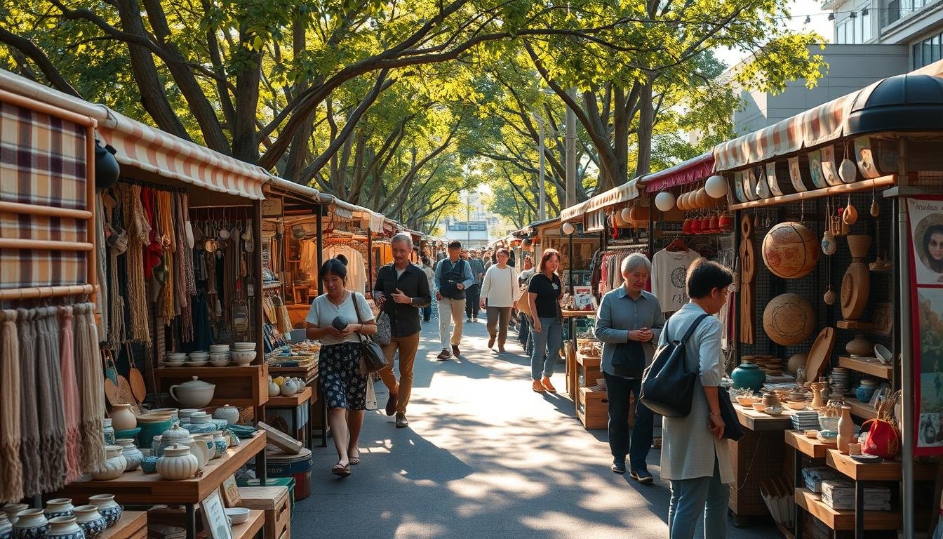 A bustling artisanal market in the charming Zoshigaya neighborhood of Tokyo, the Zoshigaya Handmade Market showcases a vibrant array of local crafts and goods. Stalls display handwoven textiles, delicate ceramics, intricate woodcarvings, and whimsical jewelry - each item a testament to the skill and creativity of talented Japanese artisans. Warm afternoon sunlight filters through the trees, casting a golden glow over the scene. Shoppers meander through the market, admiring the unique wares and chatting with the passionate makers. The air is infused with the scents of freshly brewed matcha and sizzling street food. This enchanting haven of independent craftsmanship embodies the spirit of Tokyo's thriving creative communities.