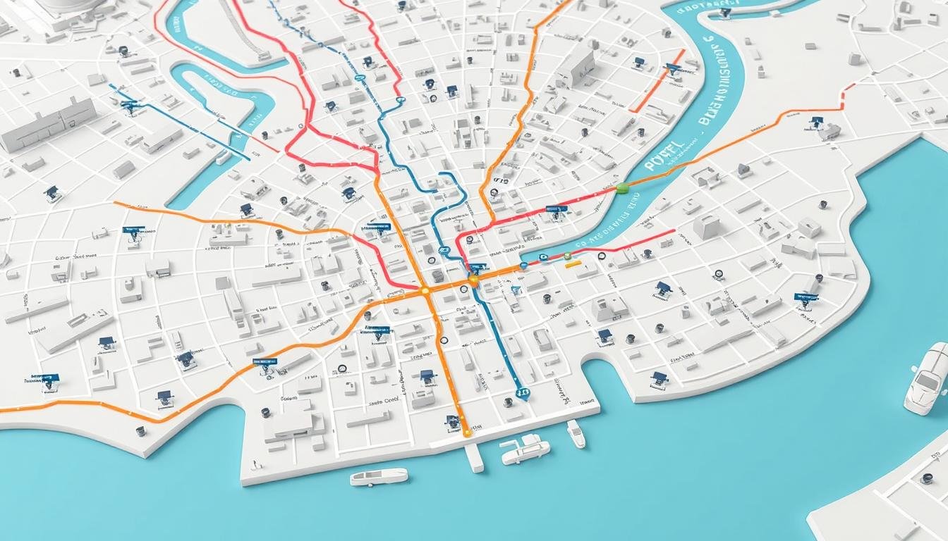 A bustling city map with interconnected routes and transportation hubs, showcasing an efficient itinerary planning system. The map is rendered in a clean, minimalist style with intuitive color-coding and iconography. Smooth lines guide the viewer's eye through the well-organized layout, highlighting the ease of navigating the city's attractions. Subtle 3D depth adds a sense of dimension, while muted tones evoke a calm, professional atmosphere. Precise, high-resolution details allow for close inspection of the comprehensive transportation network. The overall composition conveys a seamless, user-friendly travel experience tailored to the needs of the discerning tourist.