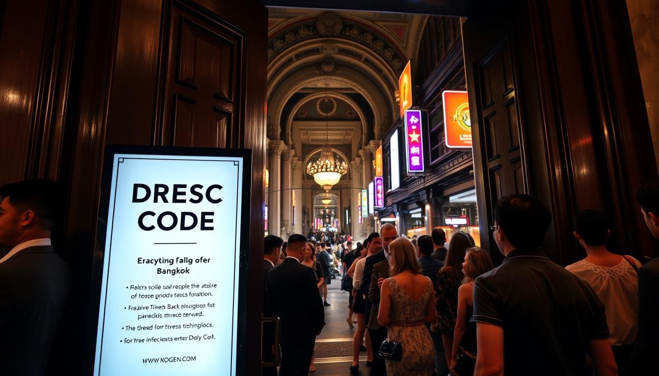 A bustling city nightlife scene, featuring a striking doorway with a sign displaying the dress code policy. In the foreground, well-dressed patrons queue patiently, adhering to the established attire norms. The middle ground showcases the architectural grandeur of the entrance, with ornate details and subdued lighting creating an air of exclusivity. In the background, the vibrant energy of the Bangkok streets pulses, setting the stage for a transformative nighttime experience. The overall mood is one of anticipation and elegant sophistication, inviting the viewer to step through the portal and immerse themselves in the city's captivating after-dark revelry. A bustling city nightlife scene, featuring a striking doorway with a sign displaying the dress code policy. In the foreground, well-dressed patrons queue patiently, adhering to the established attire norms. The middle ground showcases the architectural grandeur of the entrance, with ornate details and subdued lighting creating an air of exclusivity. In the background, the vibrant energy of the Bangkok streets pulses, setting the stage for a transformative nighttime experience. The overall mood is one of anticipation and elegant sophistication, inviting the viewer to step through the portal and immerse themselves in the city's captivating after-dark revelry.