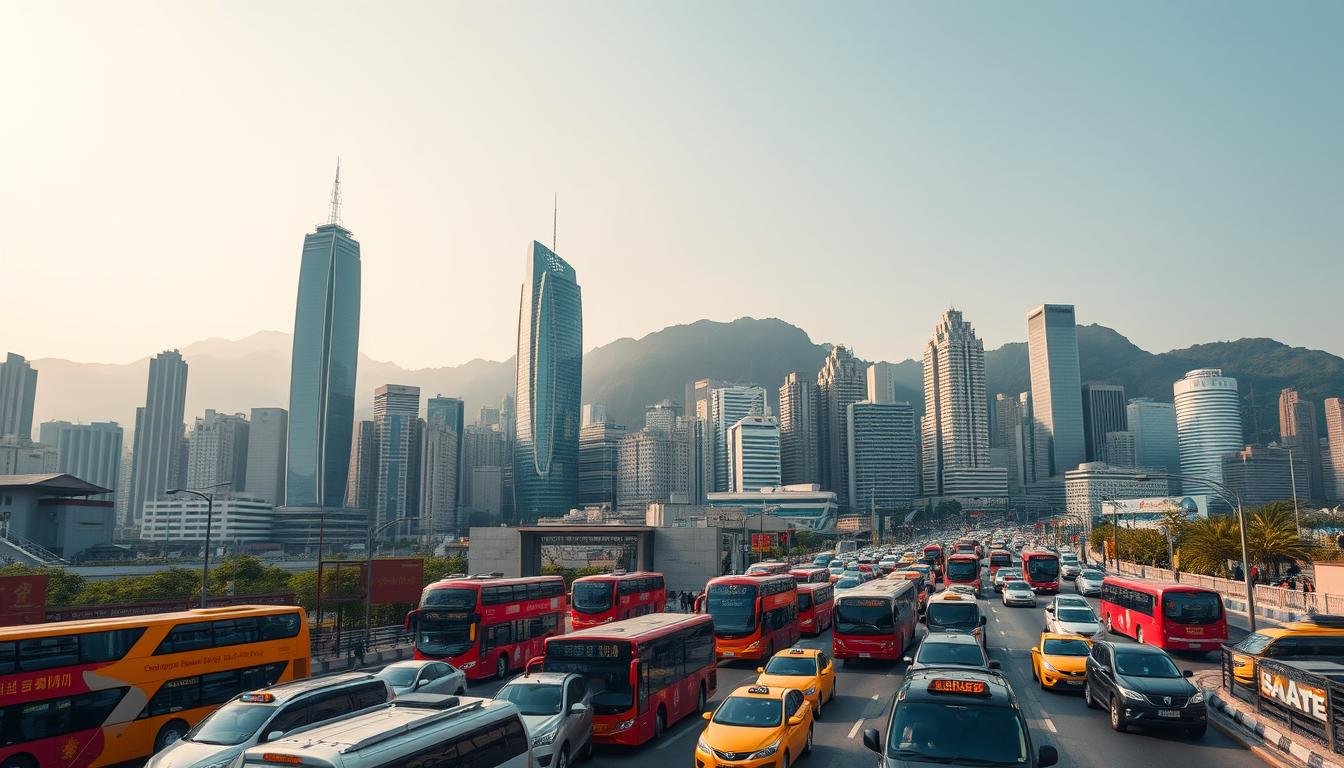 A bustling city skyline of Hong Kong, captured through a wide-angle lens with a subtle warm-toned color palette. In the foreground, a tangle of public transportation modes - double-decker buses, taxis, and the iconic red tram cars - navigating the congested streets. The middle ground features the towering skyscrapers of the financial district, their glass facades glimmering in the afternoon sun. In the background, the verdant peaks of Hong Kong's mountainous terrain rise majestically, creating a dramatic contrast against the urban landscape. The scene conveys a sense of vibrant energy and efficient mobility, reflecting the heart of Hong Kong's transportation infrastructure. A bustling city skyline of Hong Kong, captured through a wide-angle lens with a subtle warm-toned color palette. In the foreground, a tangle of public transportation modes - double-decker buses, taxis, and the iconic red tram cars - navigating the congested streets. The middle ground features the towering skyscrapers of the financial district, their glass facades glimmering in the afternoon sun. In the background, the verdant peaks of Hong Kong's mountainous terrain rise majestically, creating a dramatic contrast against the urban landscape. The scene conveys a sense of vibrant energy and efficient mobility, reflecting the heart of Hong Kong's transportation infrastructure.