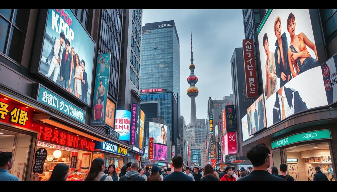 A bustling city street in Seoul, South Korea, showcasing the vibrant modern culture. In the foreground, young adults stroll past neon-lit storefronts and street vendors, immersed in the energetic atmosphere. Mid-ground features sleek high-rise buildings and digital billboards displaying the latest K-pop music videos and fashion trends. The background is framed by a dynamic skyline, with the iconic N Seoul Tower visible in the distance. The overall scene is bathed in warm, saturated tones, capturing the youthful, trendy vibe of contemporary Korean life.