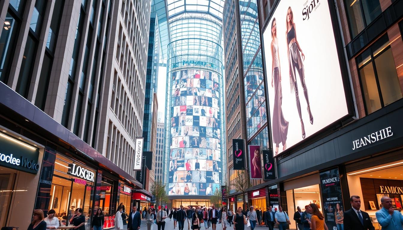 A bustling city street lined with sleek high-rise buildings, modern facades, and vibrant neon signs. In the foreground, well-dressed shoppers browse upscale boutiques, cafes, and luxury retail stores, exuding an air of urban sophistication. The middle ground features a towering glass atrium, its airy interior filled with an array of global brands and chic dining options. In the background, a larger-than-life electronic billboard displays the latest fashion trends and consumer goods, bathing the scene in a captivating glow. Crisp, warm lighting illuminates the dynamic energy of this thriving metropolitan shopping district, creating a sense of cosmopolitan allure and modern urban elegance.