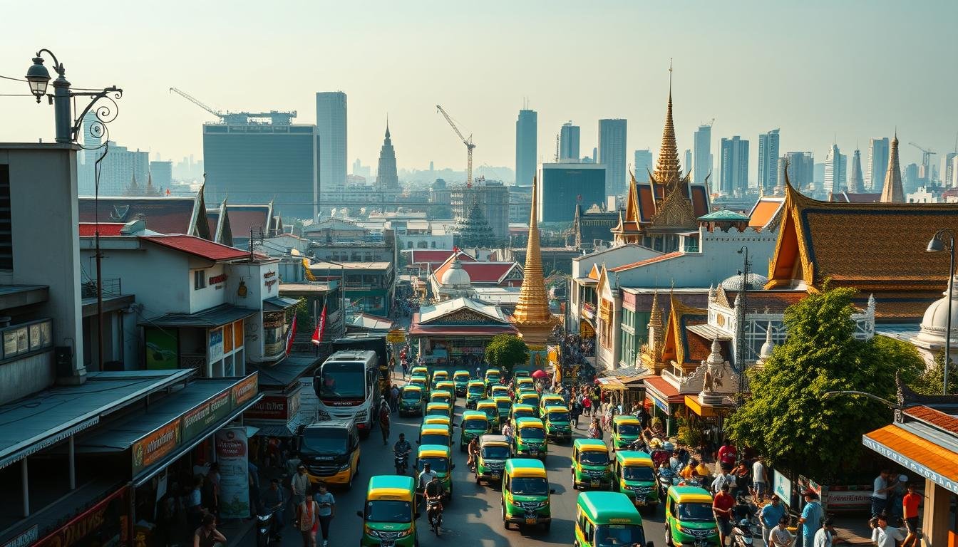 A bustling cityscape of Bangkok, Thailand, captured in a vivid and immersive scene. The foreground showcases the vibrant street life, with locals and tourists navigating the bustling sidewalks and narrow alleyways, adorned with a mix of traditional and modern architecture. The middle ground features a mix of towering skyscrapers, ornate temples, and the iconic tuk-tuk vehicles, all bathed in the warm glow of the afternoon sun. The background gradually fades into a hazy, atmospheric skyline, conveying the scale and density of the metropolis. The overall scene exudes a sense of energy, cultural diversity, and the unique blend of old and new that defines the heart of Bangkok. Captured with a wide-angle lens, the image invites the viewer to immerse themselves in the captivating essence of the city.