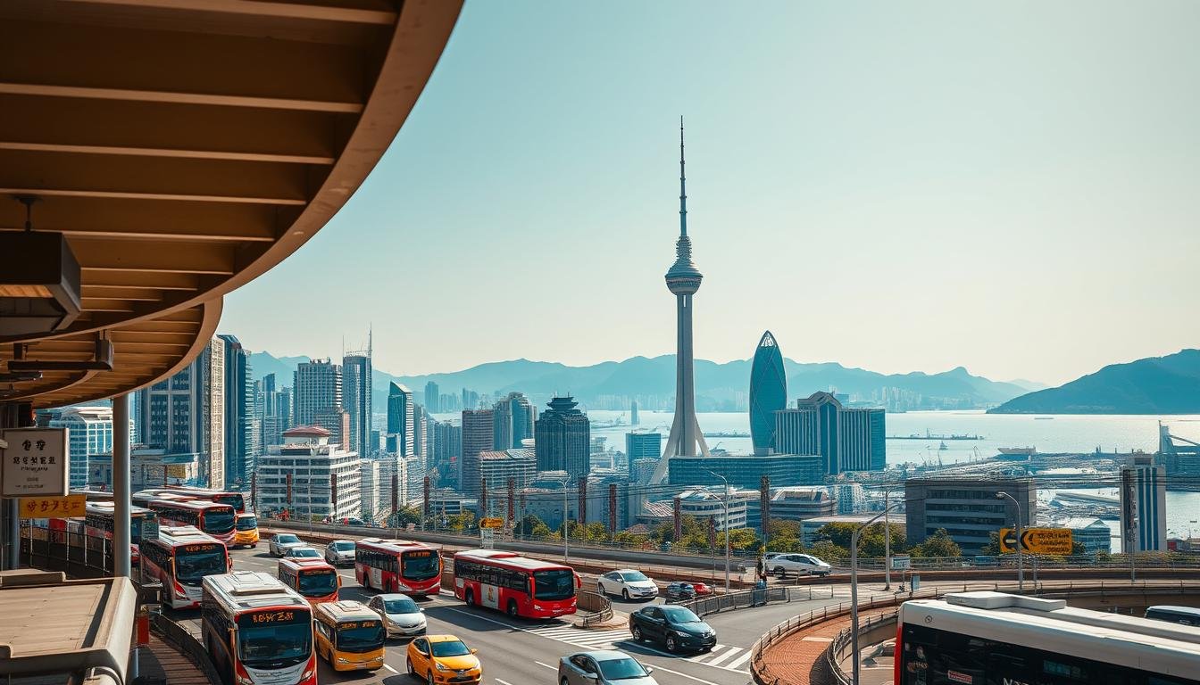 A bustling cityscape of Busan, South Korea, captured in a wide-angle lens with a vibrant, dynamic composition. The foreground features a busy intersection with a tangle of public transportation options - buses, taxis, and the iconic Busan metro system. The middle ground showcases the city's towering skyscrapers and landmarks, including the iconic Busan Tower. The background is framed by the rolling hills and the glistening expanse of the Busan Harbor, creating a balanced, harmonious scene. The lighting is warm and golden, infusing the image with a sense of energy and vitality, reflecting the lively nature of Busan's transportation network.