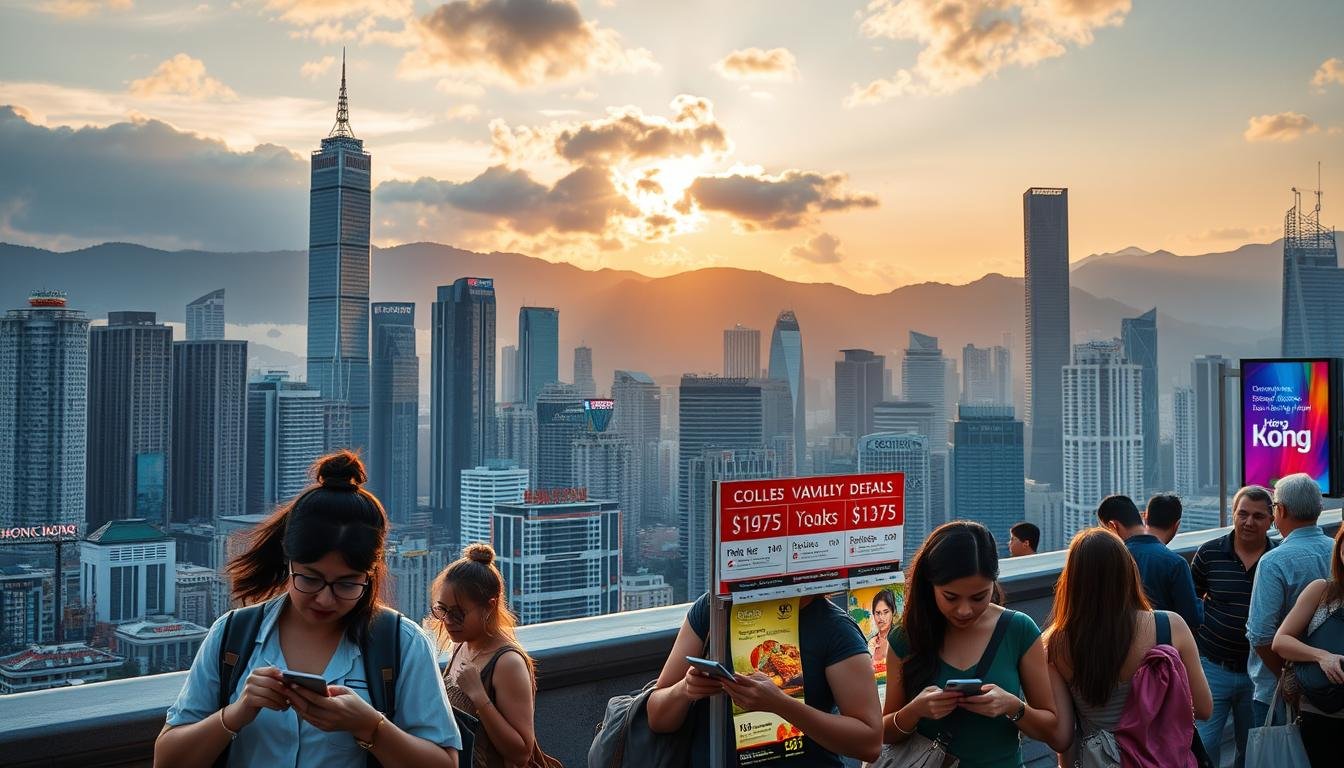 A bustling cityscape of Hong Kong, its iconic skyscrapers and towering landmarks casting long shadows under a warm, golden sunset. In the foreground, a vibrant display of travel deals and discount vouchers for popular tourist attractions, hotels, and local experiences. Passersby browse through the offers, their faces lit by the glow of their smartphones as they plan their ideal Hong Kong vacation. The scene radiates a sense of excitement and opportunity, inviting visitors to discover the city's hidden gems and make the most of their time here.