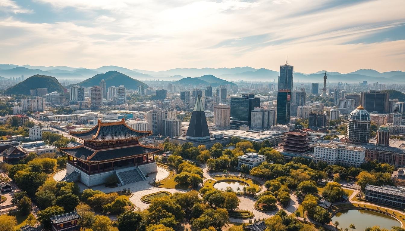 A bustling cityscape with towering landmarks against a vibrant sky. In the foreground, a grand traditional Korean palace with intricate architecture and ornate details stands as a centerpiece. Surrounding it, lush gardens and tranquil ponds create a serene oasis amidst the urban landscape. In the middle ground, modern skyscrapers and shopping districts showcase Gwangju's thriving economic and cultural hub. The background is filled with rolling hills and distant mountains, providing a breathtaking natural backdrop. The scene is illuminated by warm, golden sunlight, casting long shadows and creating a welcoming, inviting atmosphere. The overall composition conveys Gwangju's harmonious blend of historical significance and contemporary progress, enticing viewers to explore its renowned attractions.