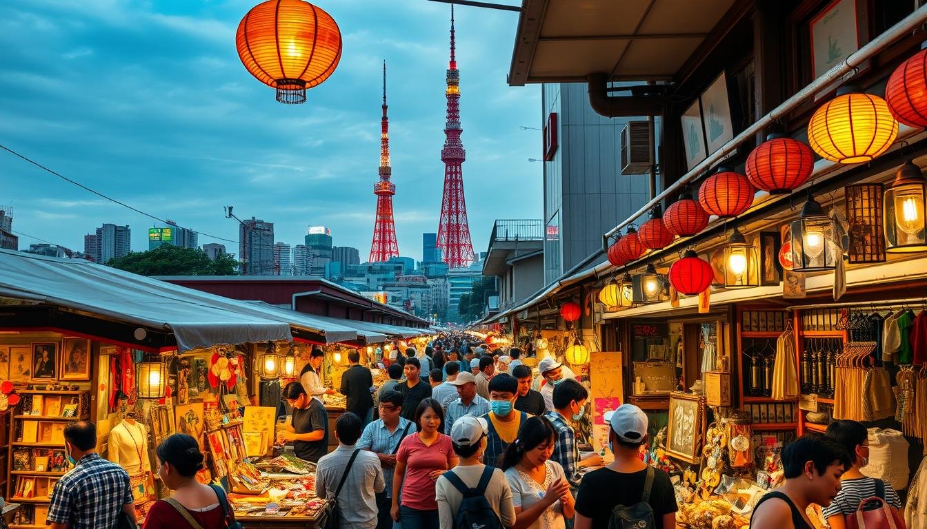 A bustling flea market in the heart of Tokyo, with a vibrant assortment of vintage treasures, antique curiosities, and artisanal wares. Vendors hawk their wares beneath the warm glow of overhead lanterns, as shoppers navigate the maze of colorful stalls, their eyes darting from one unique find to the next. In the middle ground, a crowd of enthusiastic bargain hunters haggle good-naturedly, the air alive with the sounds of lively negotiations and the occasional jingling of coins. In the background, the iconic skyline of Tokyo towers, a testament to the city's rich history and enduring spirit. The scene radiates an atmospheric blend of nostalgia, discovery, and the unbridled energy of a timeless urban tradition.