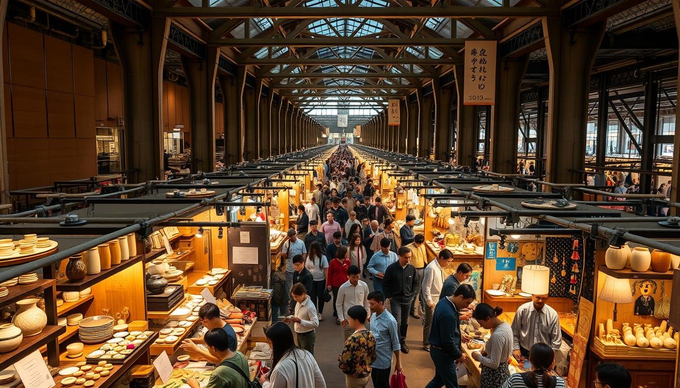 A bustling indoor marketplace, filled with rows of artisanal stalls showcasing the finest handcrafted goods from across Japan. Warm, ambient lighting illuminates the intricate works of pottery, textiles, woodcarvings, and more, each item infused with the unique cultural traditions and skilled craftsmanship of its creator. In the foreground, a group of artisans can be seen engaged in live demonstrations, their hands deftly shaping clay, weaving fabric, or carving delicate wooden figurines, offering visitors an immersive experience of the creative process. The middle ground is a maze of browsing shoppers, admiring the diverse array of handmade treasures, while the background reveals the expansive scale of the event, with high ceilings and the occasional glimpse of the bustling city outside. A bustling indoor marketplace, filled with rows of artisanal stalls showcasing the finest handcrafted goods from across Japan. Warm, ambient lighting illuminates the intricate works of pottery, textiles, woodcarvings, and more, each item infused with the unique cultural traditions and skilled craftsmanship of its creator. In the foreground, a group of artisans can be seen engaged in live demonstrations, their hands deftly shaping clay, weaving fabric, or carving delicate wooden figurines, offering visitors an immersive experience of the creative process. The middle ground is a maze of browsing shoppers, admiring the diverse array of handmade treasures, while the background reveals the expansive scale of the event, with high ceilings and the occasional glimpse of the bustling city outside.