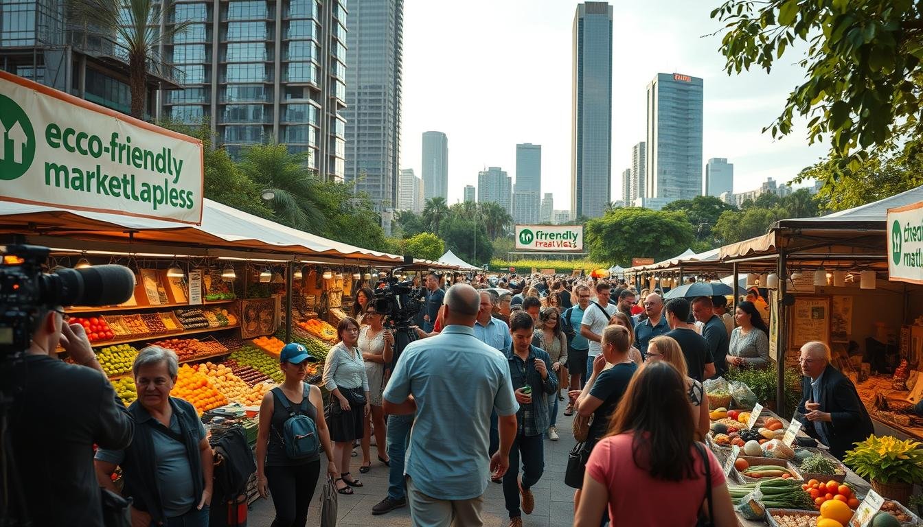 A bustling media coverage of an eco-friendly marketplace, captured in a cinematic wide-angle frame. In the foreground, stalls display a vibrant array of organic produce, locally-sourced crafts, and sustainable lifestyle products. The middle ground features a diverse crowd of engaged shoppers, journalists, and community members interacting amidst the lively atmosphere. The background reveals the surrounding urban landscape, with towering skyscrapers and green spaces juxtaposed, conveying a sense of the market's integration with the city's eco-conscious initiatives. Warm, diffused lighting casts a gentle glow, evoking a welcoming and environmentally-conscious ambiance. The composition emphasizes the intersection of media, community, and sustainable living. A bustling media coverage of an eco-friendly marketplace, captured in a cinematic wide-angle frame. In the foreground, stalls display a vibrant array of organic produce, locally-sourced crafts, and sustainable lifestyle products. The middle ground features a diverse crowd of engaged shoppers, journalists, and community members interacting amidst the lively atmosphere. The background reveals the surrounding urban landscape, with towering skyscrapers and green spaces juxtaposed, conveying a sense of the market's integration with the city's eco-conscious initiatives. Warm, diffused lighting casts a gentle glow, evoking a welcoming and environmentally-conscious ambiance. The composition emphasizes the intersection of media, community, and sustainable living.