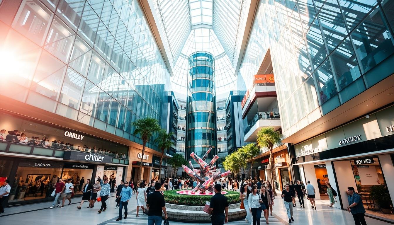 A bustling, modern shopping center in the heart of Bangkok, Thailand. The facade features sleek, glass-and-steel architecture with a striking geometric design, casting a warm glow in the afternoon sun. Shoppers stroll along the open-air promenades, passing by high-end boutiques, trendy cafes, and interactive art installations. The central atrium rises up several stories, topped by a dramatic skylight that floods the space with natural light. The atmosphere is lively and energetic, a vibrant hub of urban activity and Bangkok's evolving cityscape.
