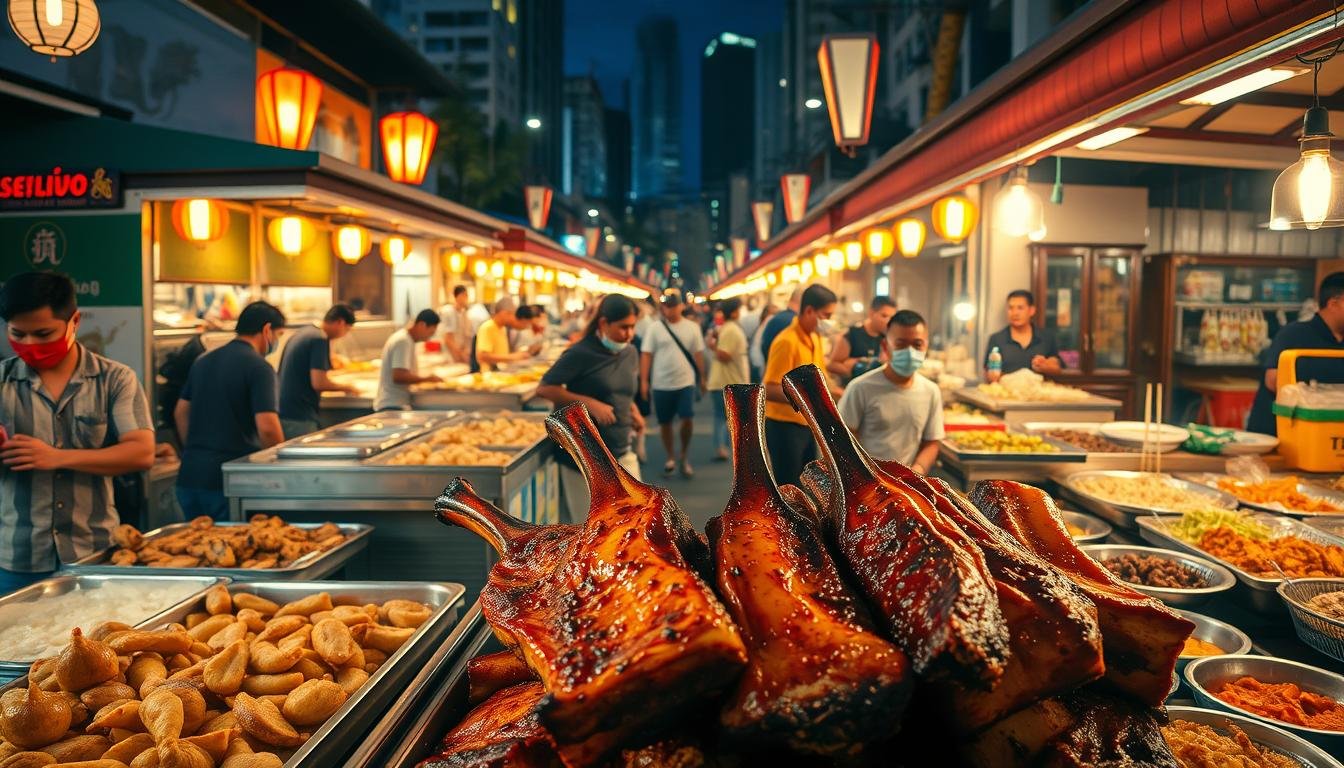 A bustling night market in Bangkok, Thailand, comes alive with the tantalizing aromas of authentic Thai street food. In the foreground, a vibrant display of sizzling pork ribs, known as "fire volcano ribs," tempts passersby with their caramelized exteriors and tender, juicy interiors. Surrounding the main dish, a diverse array of bite-sized delights, such as grilled skewers, crispy dumplings, and fragrant noodle dishes, line the stalls, each offering a unique flavor profile. The middle ground is filled with the lively chatter of vendors and the energetic buzz of the crowd, creating a lively, immersive atmosphere. In the background, the market is framed by the warm glow of lanterns and the silhouettes of towering buildings, adding to the enchanting ambiance of this quintessential Thai night market experience. A bustling night market in Bangkok, Thailand, comes alive with the tantalizing aromas of authentic Thai street food. In the foreground, a vibrant display of sizzling pork ribs, known as "fire volcano ribs," tempts passersby with their caramelized exteriors and tender, juicy interiors. Surrounding the main dish, a diverse array of bite-sized delights, such as grilled skewers, crispy dumplings, and fragrant noodle dishes, line the stalls, each offering a unique flavor profile. The middle ground is filled with the lively chatter of vendors and the energetic buzz of the crowd, creating a lively, immersive atmosphere. In the background, the market is framed by the warm glow of lanterns and the silhouettes of towering buildings, adding to the enchanting ambiance of this quintessential Thai night market experience.