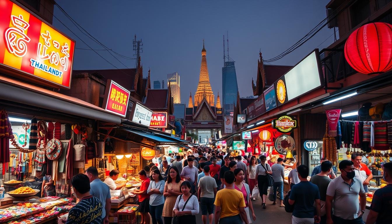 A bustling night market in Bangkok, Thailand, illuminated by vibrant neon signs and the warm glow of street food stalls. Vendors offer an array of local delicacies, from sizzling pad thai to fragrant curries, as crowds navigate the labyrinth of narrow alleyways. In the foreground, colorful handmade crafts, intricate textiles, and unique trinkets spill out from the stalls, inviting visitors to browse and bargain. The middle ground is filled with the energy of haggling shoppers and lively street performers, creating a lively atmosphere. In the background, the skyline of modern high-rises and historic temples blends seamlessly, showcasing the juxtaposition of old and new that defines the character of this bustling metropolis. The scene is captured with a wide-angle lens, emphasizing the immersive, sensory experience of a Thai night market.