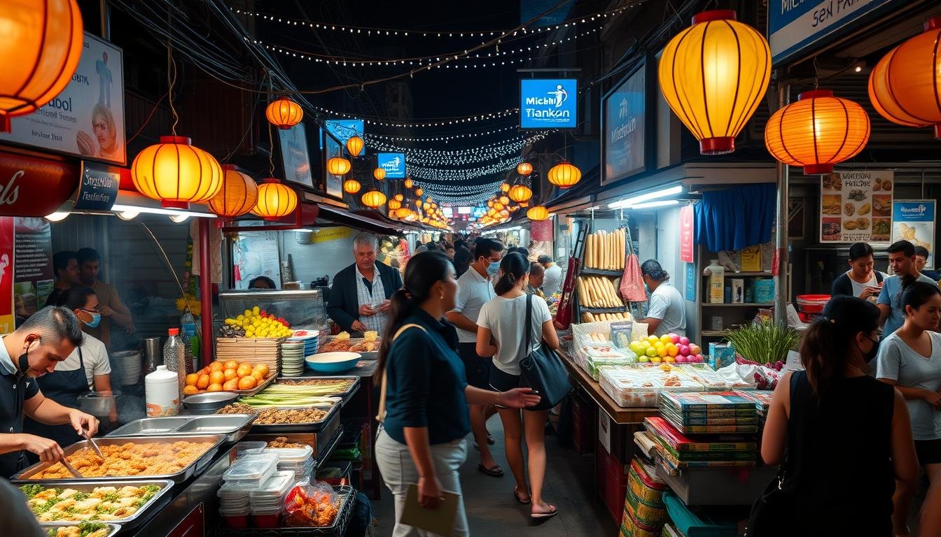 A bustling night market in Bangkok, Thailand, showcases an array of Michelin-starred delicacies. Vibrant stalls line the streets, illuminated by the warm glow of lanterns and twinkling lights. In the foreground, vendors skillfully prepare mouthwatering dishes, their aromas wafting through the air. The middle ground features a diverse selection of local produce, handicrafts, and street food, while the background is filled with the lively energy of the crowd. A wide-angle lens captures the dynamic atmosphere, highlighting the contrast between the refined Michelin cuisine and the lively, informal setting of the night market. The scene is a feast for the senses, capturing the essence of Bangkok's culinary culture. A bustling night market in Bangkok, Thailand, showcases an array of Michelin-starred delicacies. Vibrant stalls line the streets, illuminated by the warm glow of lanterns and twinkling lights. In the foreground, vendors skillfully prepare mouthwatering dishes, their aromas wafting through the air. The middle ground features a diverse selection of local produce, handicrafts, and street food, while the background is filled with the lively energy of the crowd. A wide-angle lens captures the dynamic atmosphere, highlighting the contrast between the refined Michelin cuisine and the lively, informal setting of the night market. The scene is a feast for the senses, capturing the essence of Bangkok's culinary culture.
