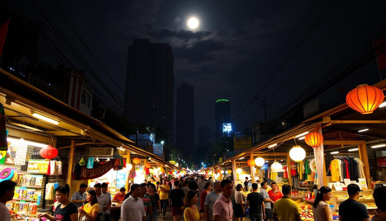 A bustling night market in Bangkok, Thailand, with vibrant stalls offering an array of goods, from street food and handicrafts to electronics and clothing. The foreground is filled with vendors and shoppers, creating a lively, chaotic atmosphere. In the middle ground, lanterns and colorful umbrellas cast a warm, inviting glow over the scene. The background is dominated by the towering silhouettes of high-rise buildings, hinting at the contrasting modern and traditional elements of the city. The lighting is a mix of natural moonlight and the warm, golden tones of the market's lighting, creating a captivating, atmospheric setting that captures the essence of the "夜市與市集" experience.