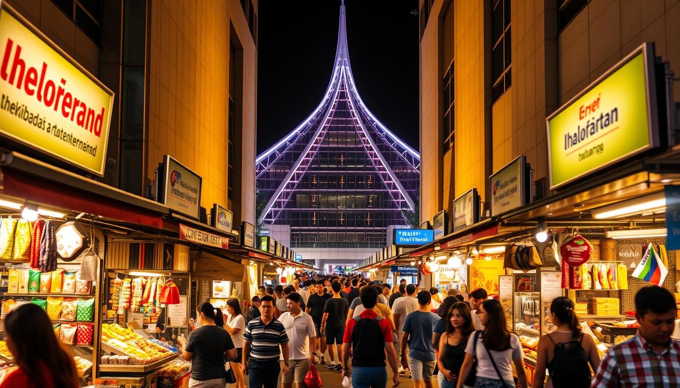 A bustling night market nestled at the exit of a modern MRT station. Vibrant stalls line the streets, selling an array of enticing Thai street food and handicrafts. Warm, golden lighting casts a cozy glow, highlighting the lively crowd navigating through the maze of vendors. In the background, the sleek, illuminated station facade stands as a beacon, guiding patrons to this authentic night market experience. The scene exudes an energetic, immersive atmosphere, inviting visitors to explore and indulge in the true essence of Thai night market culture. A bustling night market nestled at the exit of a modern MRT station. Vibrant stalls line the streets, selling an array of enticing Thai street food and handicrafts. Warm, golden lighting casts a cozy glow, highlighting the lively crowd navigating through the maze of vendors. In the background, the sleek, illuminated station facade stands as a beacon, guiding patrons to this authentic night market experience. The scene exudes an energetic, immersive atmosphere, inviting visitors to explore and indulge in the true essence of Thai night market culture.