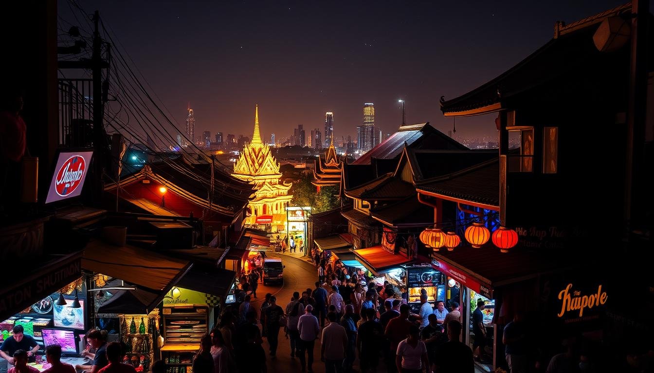 A bustling night scene in Bangkok, Thailand. In the foreground, the lively Khao San Road comes alive with vibrant street vendors, lively bars, and reveling crowds. The middle ground features a winding path leading into the historic Chinese district, its ornate temples and lantern-lit alleyways beckoning visitors to explore. In the background, the city skyline glimmers under a starry night sky, hazy and atmospheric. Warm, golden lighting illuminates the scene, casting a cozy, inviting ambiance. The composition captures the energy and allure of Bangkok's vibrant nightlife, seamlessly blending the eclectic charms of Khao San Road and the captivating Chinese quarter.