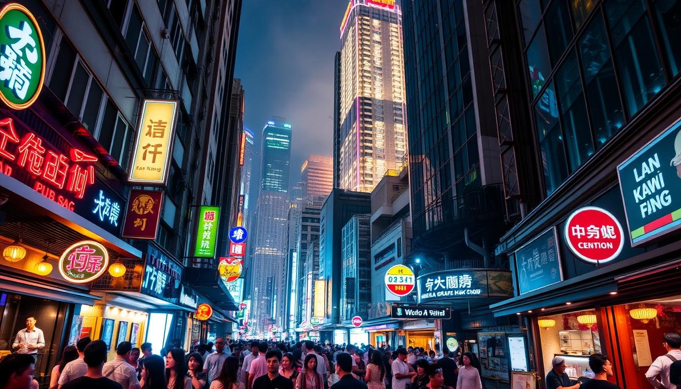 A bustling nightscape of Central Hong Kong, the iconic Lan Kwai Fong illuminates the streets with a vibrant glow. Neon signs and warm lighting spill out from the trendy bars and pubs, casting a lively atmosphere. Crowds of locals and tourists alike mingle, creating a pulsing energy. Sleek skyscrapers loom in the background, their glass facades reflecting the scene below. The narrow alleyways are lined with sidewalk cafes and boutiques, inviting exploration. A sense of excitement and possibility permeates the air, capturing the dynamic spirit of Hong Kong's renowned nightlife.