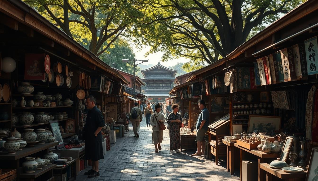 A bustling open-air antique market in the heart of historic Edo, Tokyo. Weathered wooden stalls line the cobblestone paths, offering a treasure trove of ancient Japanese artifacts - intricate ceramics, delicate lacquerware, ornate kimonos, and rare ukiyo-e prints. Gentle sunlight filters through the canopy of trees, casting a warm glow over the scene. Shoppers browse the wares, immersed in the sights, sounds, and scents of this cultural time capsule. In the distance, the silhouettes of traditional architecture frame the atmospheric marketplace, inviting visitors to uncover the rich history and traditions of old Edo. A bustling open-air antique market in the heart of historic Edo, Tokyo. Weathered wooden stalls line the cobblestone paths, offering a treasure trove of ancient Japanese artifacts - intricate ceramics, delicate lacquerware, ornate kimonos, and rare ukiyo-e prints. Gentle sunlight filters through the canopy of trees, casting a warm glow over the scene. Shoppers browse the wares, immersed in the sights, sounds, and scents of this cultural time capsule. In the distance, the silhouettes of traditional architecture frame the atmospheric marketplace, inviting visitors to uncover the rich history and traditions of old Edo.