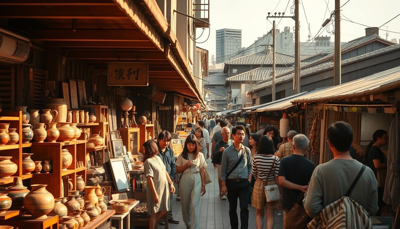 A bustling open-air flea market in Akasaka, Tokyo, filled with an eclectic mix of antique vendors and locals browsing vintage treasures. Weathered wooden stalls line the narrow alleyways, casting warm, golden light upon the scene. In the distance, the iconic rooftops of the Edo-era Daikanyama Antique Market come into view, showcasing a harmonious fusion of old and new. Shoppers weave between stalls, examining intricate pottery, worn leather goods, and delicate calligraphy brushes. The air is alive with the scent of street food and the lively chatter of bargaining. An immersive experience that celebrates the rich cultural heritage of Tokyo's vibrant marketplace ecosystem.