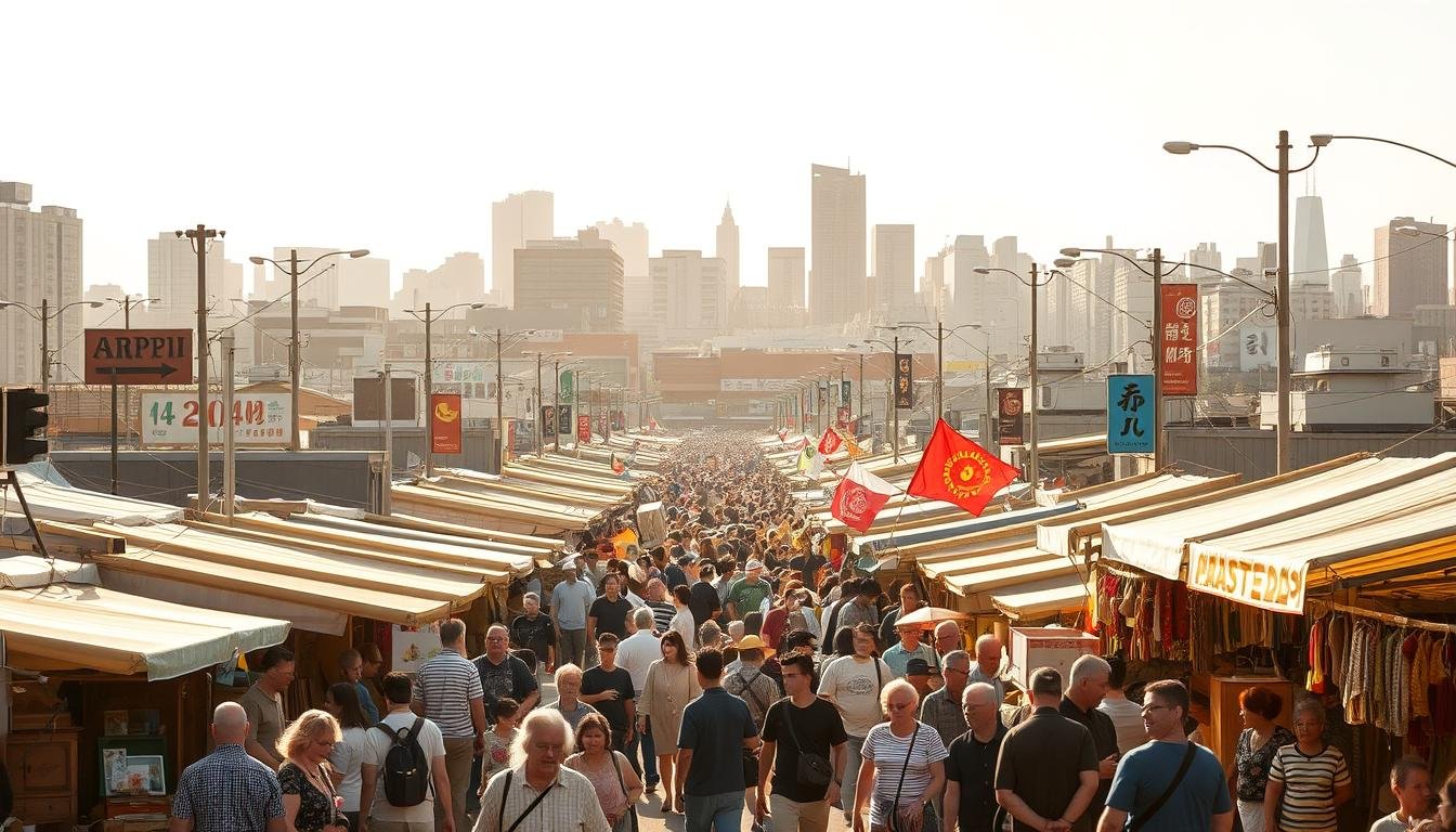 A bustling open-air flea market in the heart of Tokyo, filled with rows of vendors selling an eclectic array of pre-loved treasures. The scene is bathed in warm, golden sunlight, casting a inviting glow over the lively crowd browsing the stalls. Colorful tarps and banners flutter gently, creating a sense of energy and vibrant atmosphere. In the foreground, a diverse mix of shoppers peruse the wares, from antique furniture and vintage clothing to unique artisanal crafts. The middle ground is a maze of stalls, each displaying their unique offerings, while the background is dotted with the iconic Tokyo skyline, creating a distinctive urban backdrop. The overall impression is one of a thriving, authentic secondhand marketplace that captures the very essence of Tokyo's dynamic shopping culture. A bustling open-air flea market in the heart of Tokyo, filled with rows of vendors selling an eclectic array of pre-loved treasures. The scene is bathed in warm, golden sunlight, casting a inviting glow over the lively crowd browsing the stalls. Colorful tarps and banners flutter gently, creating a sense of energy and vibrant atmosphere. In the foreground, a diverse mix of shoppers peruse the wares, from antique furniture and vintage clothing to unique artisanal crafts. The middle ground is a maze of stalls, each displaying their unique offerings, while the background is dotted with the iconic Tokyo skyline, creating a distinctive urban backdrop. The overall impression is one of a thriving, authentic secondhand marketplace that captures the very essence of Tokyo's dynamic shopping culture.