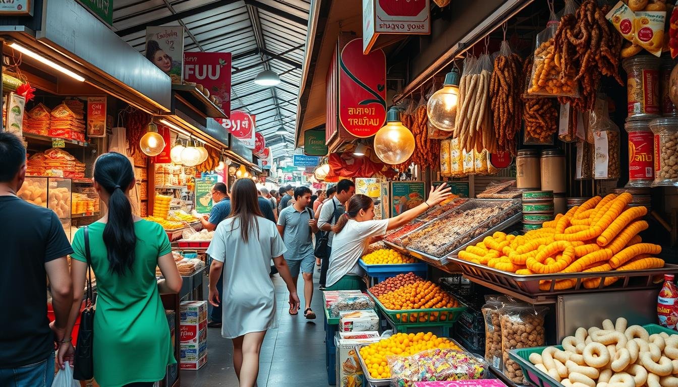 A bustling open-air market in Bangkok, stalls overflowing with an enticing array of traditional Thai snacks and sweets. Vibrant colors and textures, from crunchy fried insects to chewy mango-sticky rice morsels. Vendors beckoning passers-by, the air thick with the aroma of sizzling street food. Shoppers dart between stalls, carefully selecting the perfect souvenirs and treats to take home. A dynamic, immersive scene, capturing the essence of Bangkok's iconic "zero-food" culture - a feast for the senses that epitomizes the city's captivating energy.