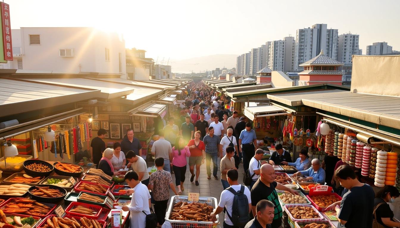 A bustling open-air market in Busan, South Korea, with vibrant stalls overflowing with an array of local produce, handicrafts, and street food. The sun casts a warm glow, illuminating the lively scene of vendors and shoppers haggling over prices. The foreground is filled with colorful displays of fresh seafood, sizzling Korean barbecue, and handmade trinkets. In the middle ground, crowds of people weave through the narrow aisles, immersed in the energy of the market. In the background, the towering facades of nearby buildings and the distant silhouette of Busan's iconic harbor create a picturesque urban landscape. The atmosphere is one of vibrant cultural immersion, where the sights, sounds, and aromas of the market come together to offer a quintessential Busan shopping experience. A bustling open-air market in Busan, South Korea, with vibrant stalls overflowing with an array of local produce, handicrafts, and street food. The sun casts a warm glow, illuminating the lively scene of vendors and shoppers haggling over prices. The foreground is filled with colorful displays of fresh seafood, sizzling Korean barbecue, and handmade trinkets. In the middle ground, crowds of people weave through the narrow aisles, immersed in the energy of the market. In the background, the towering facades of nearby buildings and the distant silhouette of Busan's iconic harbor create a picturesque urban landscape. The atmosphere is one of vibrant cultural immersion, where the sights, sounds, and aromas of the market come together to offer a quintessential Busan shopping experience.