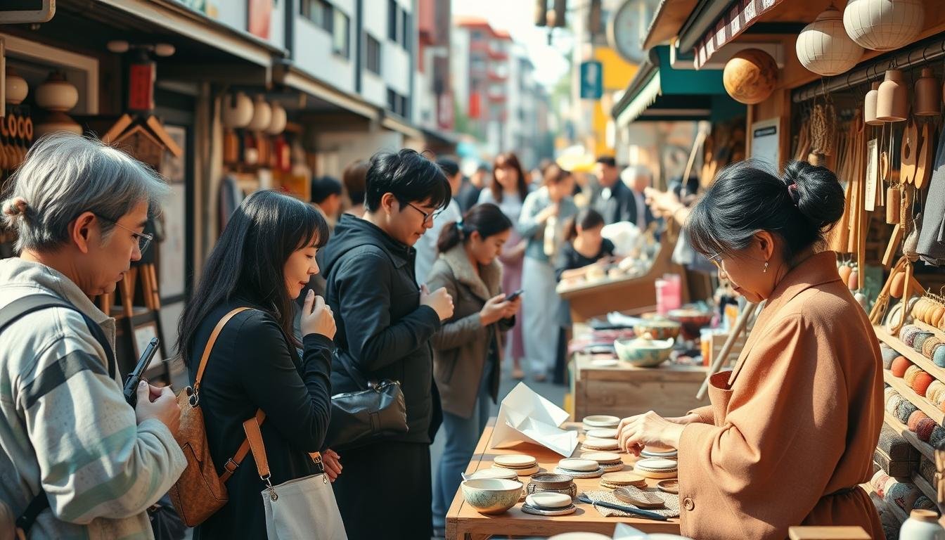 A bustling open-air market in the Futakotamagawa district of Tokyo, filled with artisanal stalls showcasing handmade crafts and local wares. In the foreground, a group of visitors intently observing and participating in a hands-on workshop, learning traditional Japanese paper-folding techniques from a skilled artisan. The middle ground features an array of handcrafted ceramic items, textiles, and wooden trinkets, while the background captures the lively atmosphere of the market, with passersby and vibrant architectural details. The scene is bathed in warm, natural lighting, conveying a sense of community, creativity, and the joy of discovering unique, locally-sourced handmade treasures. A bustling open-air market in the Futakotamagawa district of Tokyo, filled with artisanal stalls showcasing handmade crafts and local wares. In the foreground, a group of visitors intently observing and participating in a hands-on workshop, learning traditional Japanese paper-folding techniques from a skilled artisan. The middle ground features an array of handcrafted ceramic items, textiles, and wooden trinkets, while the background captures the lively atmosphere of the market, with passersby and vibrant architectural details. The scene is bathed in warm, natural lighting, conveying a sense of community, creativity, and the joy of discovering unique, locally-sourced handmade treasures.