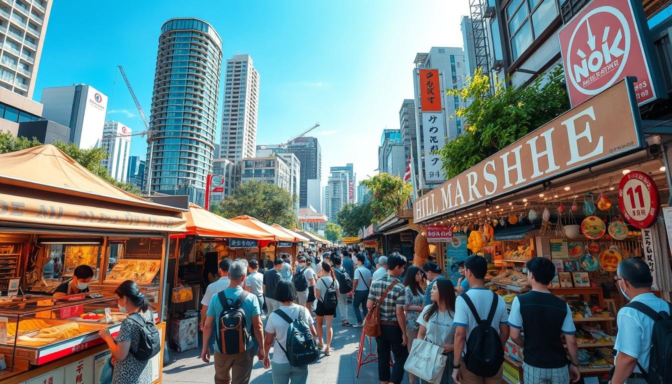 A bustling open-air market in the heart of Roppongi, Hills Marushe六本木市集is a vibrant fusion of music, food, and culture. Capture the lively atmosphere with a wide-angle lens, showcasing the lively stalls and vendors against a backdrop of modern high-rises. Bright natural lighting illuminates the diverse array of street food, from grilled yakisoba to colorful taiyaki pastries. In the foreground, people of all ages browse the artisanal goods and crafts on display, immersed in the energetic soundscape of live music performances. Convey a sense of discovery and exploration, as visitors navigate the bustling maze of sights, sounds, and aromas that define this unique culinary and cultural experience.