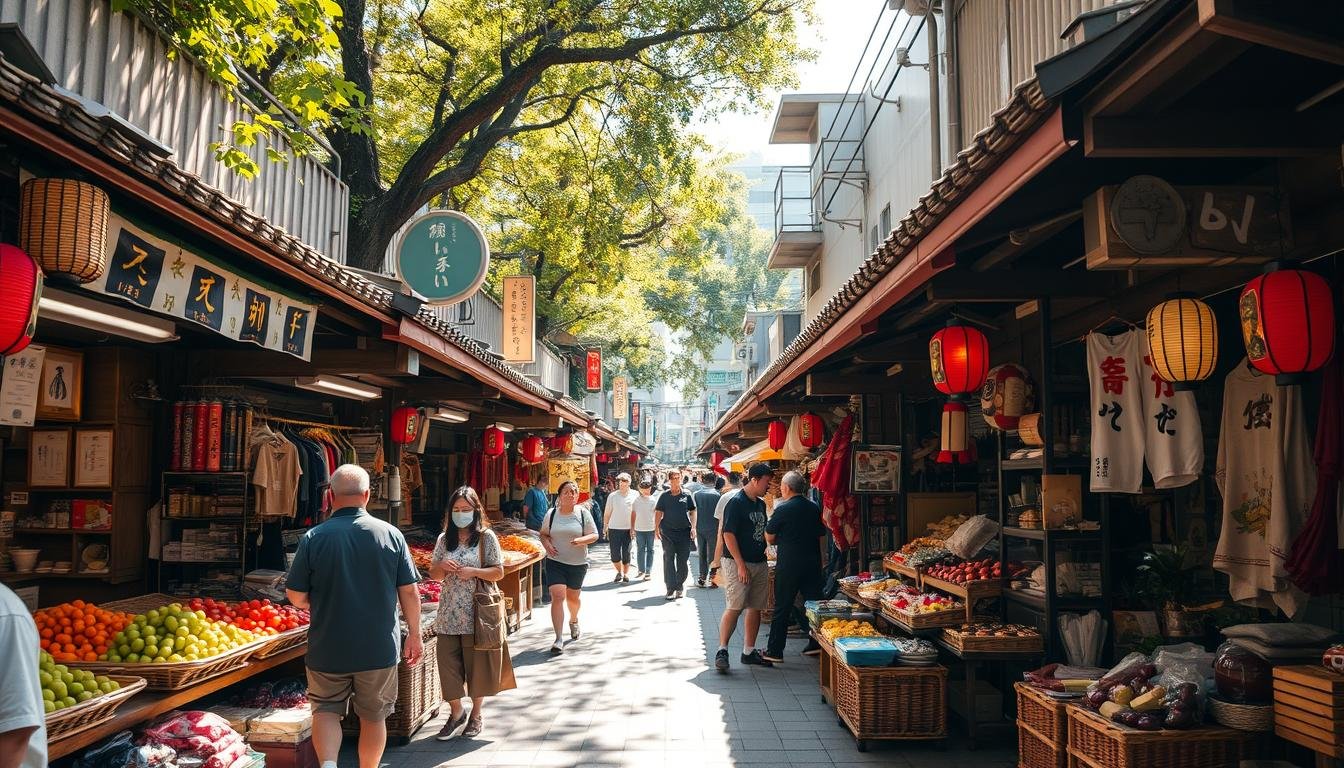 A bustling open-air market in the heart of Tokyo, capturing the vibrant energy and rich cultural tapestry of the city. Wooden stalls line the winding alleyways, adorned with traditional lanterns and colorful fabrics. Vendors offer an array of local produce, handcrafted wares, and delectable street food, creating a captivating sensory experience. Shoppers navigate the lively crowds, pausing to admire the intricate artisanal pieces and engage in lively banter with the friendly merchants. Sunlight filters through the canopy of trees, casting a warm glow and accentuating the rustic, timeless ambiance. The scene exudes a harmonious blend of modernity and ancient traditions, inviting visitors to immerse themselves in the heart of Tokyo's vibrant cultural landscape. A bustling open-air market in the heart of Tokyo, capturing the vibrant energy and rich cultural tapestry of the city. Wooden stalls line the winding alleyways, adorned with traditional lanterns and colorful fabrics. Vendors offer an array of local produce, handcrafted wares, and delectable street food, creating a captivating sensory experience. Shoppers navigate the lively crowds, pausing to admire the intricate artisanal pieces and engage in lively banter with the friendly merchants. Sunlight filters through the canopy of trees, casting a warm glow and accentuating the rustic, timeless ambiance. The scene exudes a harmonious blend of modernity and ancient traditions, inviting visitors to immerse themselves in the heart of Tokyo's vibrant cultural landscape.