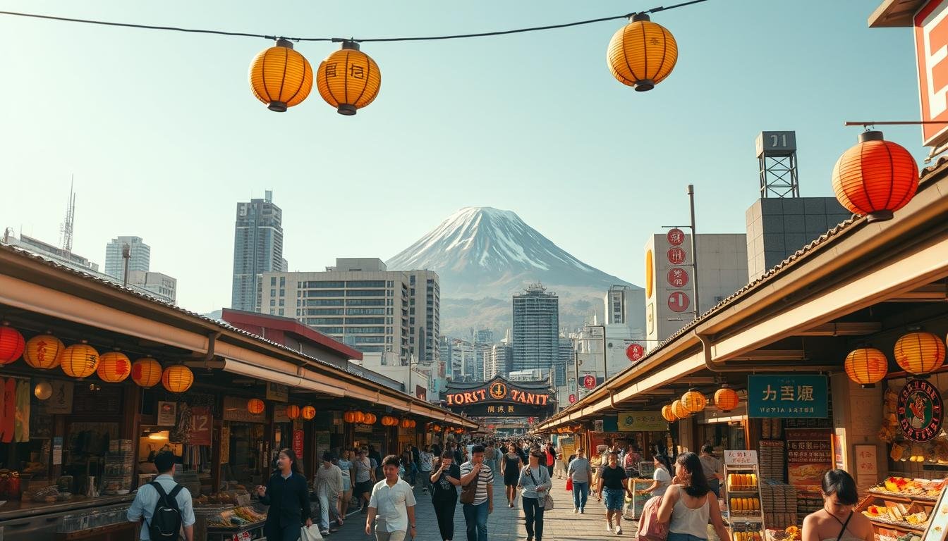 A bustling open-air market in the heart of Tokyo, the Tokyo Market District is a vibrant shopping destination brimming with local vendors, artisanal crafts, and mouthwatering street food. Captured through a wide-angle lens, the scene showcases a dynamic foreground of colorful stalls and bustling pedestrians, while the middle ground reveals an array of traditional storefronts and lanterns overhead. In the background, towering skyscrapers and the iconic silhouette of Mount Fuji create a stunning juxtaposition between the modern and the timeless. Warm, diffused lighting casts a golden glow, evoking a sense of energy and excitement. This immersive visual captures the essence of the Tokyo Market District, a must-visit destination for any shopper seeking an authentic taste of Japanese culture. A bustling open-air market in the heart of Tokyo, the Tokyo Market District is a vibrant shopping destination brimming with local vendors, artisanal crafts, and mouthwatering street food. Captured through a wide-angle lens, the scene showcases a dynamic foreground of colorful stalls and bustling pedestrians, while the middle ground reveals an array of traditional storefronts and lanterns overhead. In the background, towering skyscrapers and the iconic silhouette of Mount Fuji create a stunning juxtaposition between the modern and the timeless. Warm, diffused lighting casts a golden glow, evoking a sense of energy and excitement. This immersive visual captures the essence of the Tokyo Market District, a must-visit destination for any shopper seeking an authentic taste of Japanese culture.