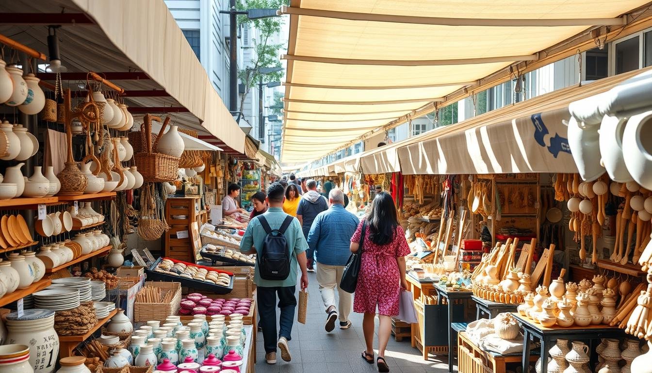 A bustling open-air market in the heart of Tokyo's Akasaka district, showcasing a vibrant collection of handcrafted artisanal goods. Rows of colorful stalls display a diverse array of unique handmade items - delicate ceramic wares, intricate textile pieces, whimsical wooden toys, and artful metal trinkets. A lively atmosphere pervades the scene, with the gentle hum of conversations and the occasional burst of laughter. Soft natural light filters through the canopies, casting a warm glow over the artfully curated displays. Shoppers meander through the maze of stalls, immersed in the joy of discovering one-of-a-kind treasures crafted with passion and skill. This is a celebration of independent design and the enduring spirit of traditional Japanese craftsmanship. A bustling open-air market in the heart of Tokyo's Akasaka district, showcasing a vibrant collection of handcrafted artisanal goods. Rows of colorful stalls display a diverse array of unique handmade items - delicate ceramic wares, intricate textile pieces, whimsical wooden toys, and artful metal trinkets. A lively atmosphere pervades the scene, with the gentle hum of conversations and the occasional burst of laughter. Soft natural light filters through the canopies, casting a warm glow over the artfully curated displays. Shoppers meander through the maze of stalls, immersed in the joy of discovering one-of-a-kind treasures crafted with passion and skill. This is a celebration of independent design and the enduring spirit of traditional Japanese craftsmanship.
