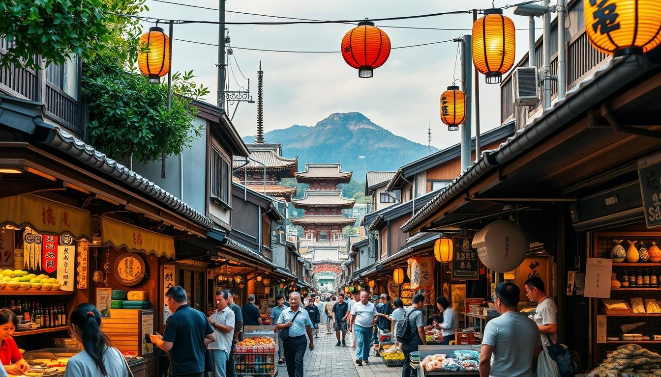 A bustling open-air marketplace in Tokyo, vibrant with the sights, sounds, and aromas of traditional Japanese culture. Narrow alleyways lined with quaint wooden stalls, each offering an array of handcrafted goods, local produce, and delectable street food. Merchants skillfully prepare steaming takoyaki, sizzling yakisoba, and fresh sushi rolls as customers browse an enticing selection of ceramics, textiles, and artisanal trinkets. Overhead, strung lanterns cast a warm, golden glow, while the chatter of lively bargaining and the laughter of shoppers create a lively, inviting atmosphere. In the background, the majestic silhouette of historic temples and shrines hints at the deep-rooted traditions that permeate this bustling urban oasis. A bustling open-air marketplace in Tokyo, vibrant with the sights, sounds, and aromas of traditional Japanese culture. Narrow alleyways lined with quaint wooden stalls, each offering an array of handcrafted goods, local produce, and delectable street food. Merchants skillfully prepare steaming takoyaki, sizzling yakisoba, and fresh sushi rolls as customers browse an enticing selection of ceramics, textiles, and artisanal trinkets. Overhead, strung lanterns cast a warm, golden glow, while the chatter of lively bargaining and the laughter of shoppers create a lively, inviting atmosphere. In the background, the majestic silhouette of historic temples and shrines hints at the deep-rooted traditions that permeate this bustling urban oasis.