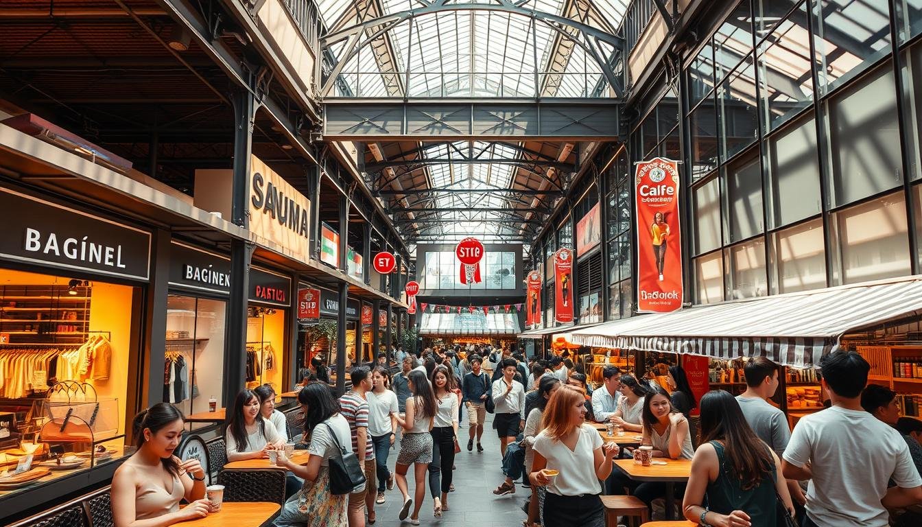 A bustling open-air marketplace set within a modern urban landscape, Siam Square One 咖啡 captures the vibrant energy of Bangkok's trendy Siam district. Sunlight filters through the glass-and-steel atrium, casting warm tones across the diverse array of cafes, boutiques, and street food stalls. Patrons sip frothy cappuccinos while browsing chic fashion stores, their laughter and conversation mingling with the aroma of Thai spices. The scene evokes a sense of youthful exploration, where modernity and tradition seamlessly intertwine. A wide-angle lens provides a sweeping vista, highlighting the dynamic interplay of architecture, people, and the bustling commercial activity that defines this popular shopping and dining destination.