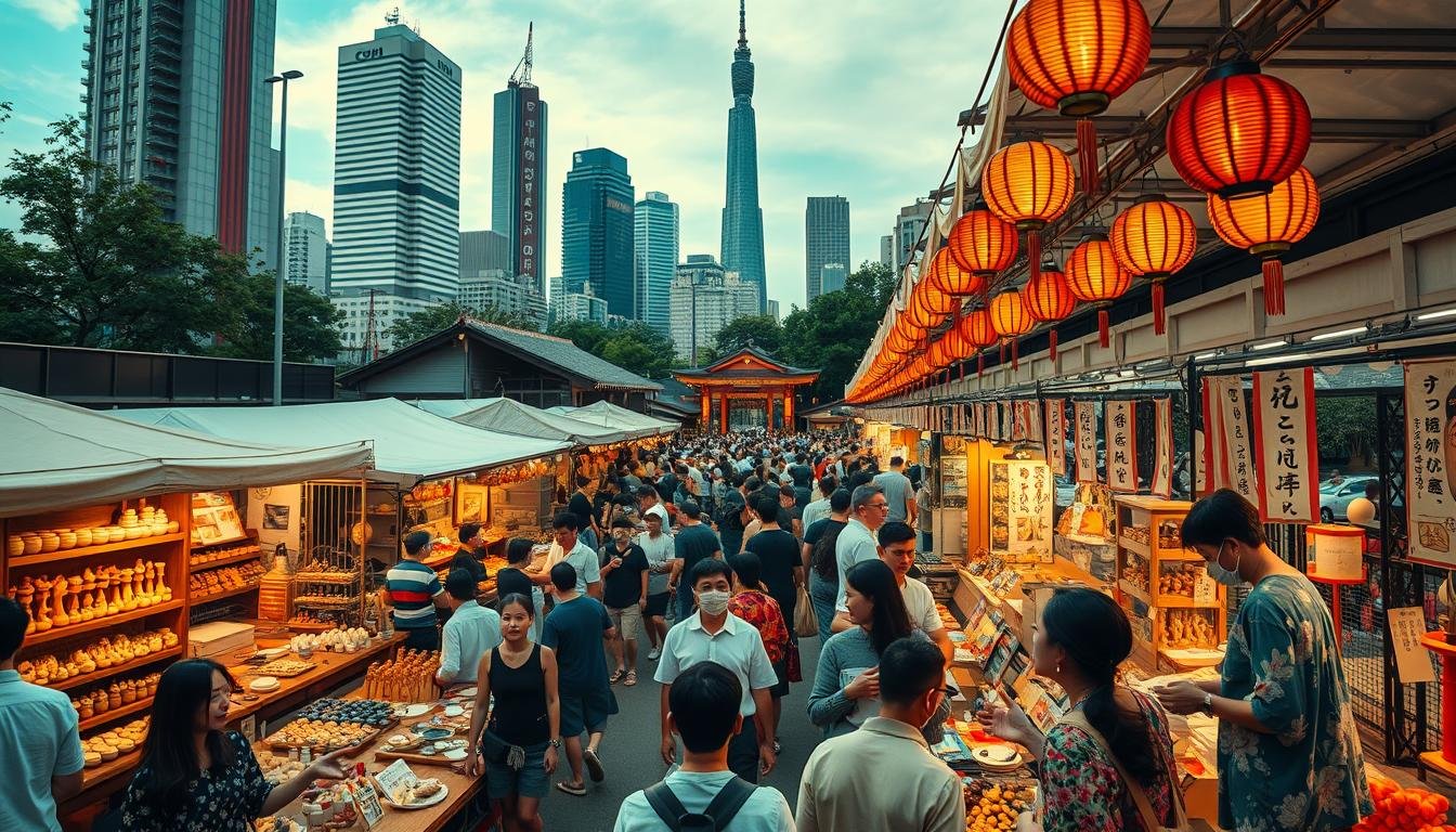 A bustling outdoor festival in Tokyo, showcasing the vibrant world of handmade Japanese craftsmanship. In the foreground, artisan creators display their intricate, one-of-a-kind wares - delicate ceramics, carved wooden figurines, and vibrant textile works. Vibrant crowds gather, marveling at the skilled demonstrations and browsing the diverse selection. The middle ground features lively food stalls and performance stages, where traditional music and dance energize the atmosphere. In the background, the iconic Tokyo cityscape frames the scene, with towering skyscrapers and the soft glow of lanterns adding to the festival's charming ambiance. Warm lighting, wide-angle lens, and a sense of joy and community permeate the whole. A bustling outdoor festival in Tokyo, showcasing the vibrant world of handmade Japanese craftsmanship. In the foreground, artisan creators display their intricate, one-of-a-kind wares - delicate ceramics, carved wooden figurines, and vibrant textile works. Vibrant crowds gather, marveling at the skilled demonstrations and browsing the diverse selection. The middle ground features lively food stalls and performance stages, where traditional music and dance energize the atmosphere. In the background, the iconic Tokyo cityscape frames the scene, with towering skyscrapers and the soft glow of lanterns adding to the festival's charming ambiance. Warm lighting, wide-angle lens, and a sense of joy and community permeate the whole.