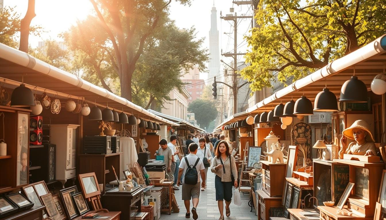 A bustling outdoor flea market in the heart of Tokyo, "東京二手古董市集" is a treasure trove of vintage finds and antique wonders. Stalls line the winding alleyways, showcasing an eclectic array of retro furniture, collectible trinkets, and one-of-a-kind curiosities. Soft, diffused sunlight filters through the trees, casting a warm, nostalgic glow over the scene. Shoppers meander leisurely, sifting through the eclectic offerings, their faces alight with the thrill of discovery. In the distance, the iconic Tokyo skyline serves as a dramatic backdrop, adding a touch of modernity to this timeless, quintessentially Japanese marketplace. A bustling outdoor flea market in the heart of Tokyo, "東京二手古董市集" is a treasure trove of vintage finds and antique wonders. Stalls line the winding alleyways, showcasing an eclectic array of retro furniture, collectible trinkets, and one-of-a-kind curiosities. Soft, diffused sunlight filters through the trees, casting a warm, nostalgic glow over the scene. Shoppers meander leisurely, sifting through the eclectic offerings, their faces alight with the thrill of discovery. In the distance, the iconic Tokyo skyline serves as a dramatic backdrop, adding a touch of modernity to this timeless, quintessentially Japanese marketplace.