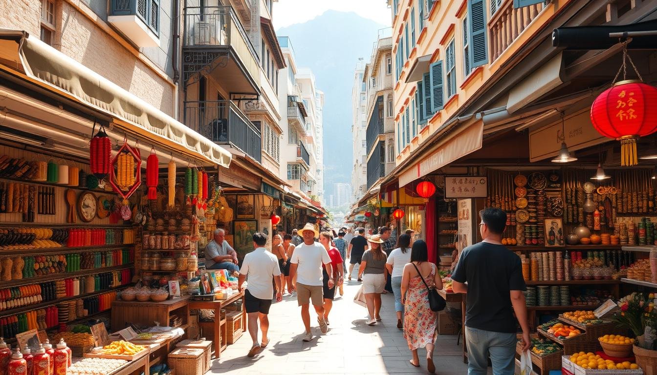 A bustling outdoor market in Stanley, Hong Kong, with vibrant stalls showcasing a diverse array of local crafts, artisanal goods, and traditional Cantonese cuisine. Sunlight filters through the canopy, casting a warm glow over the scene. Shoppers weave through narrow pathways, immersed in the lively atmosphere of this historic harbor-side district, which blends heritage and modernity. Distinctive colonial architecture provides a picturesque backdrop, while the sound of Cantonese banter and the scent of sizzling street food create a sensory experience that captures the unique character of this neighborhood. A bustling outdoor market in Stanley, Hong Kong, with vibrant stalls showcasing a diverse array of local crafts, artisanal goods, and traditional Cantonese cuisine. Sunlight filters through the canopy, casting a warm glow over the scene. Shoppers weave through narrow pathways, immersed in the lively atmosphere of this historic harbor-side district, which blends heritage and modernity. Distinctive colonial architecture provides a picturesque backdrop, while the sound of Cantonese banter and the scent of sizzling street food create a sensory experience that captures the unique character of this neighborhood.