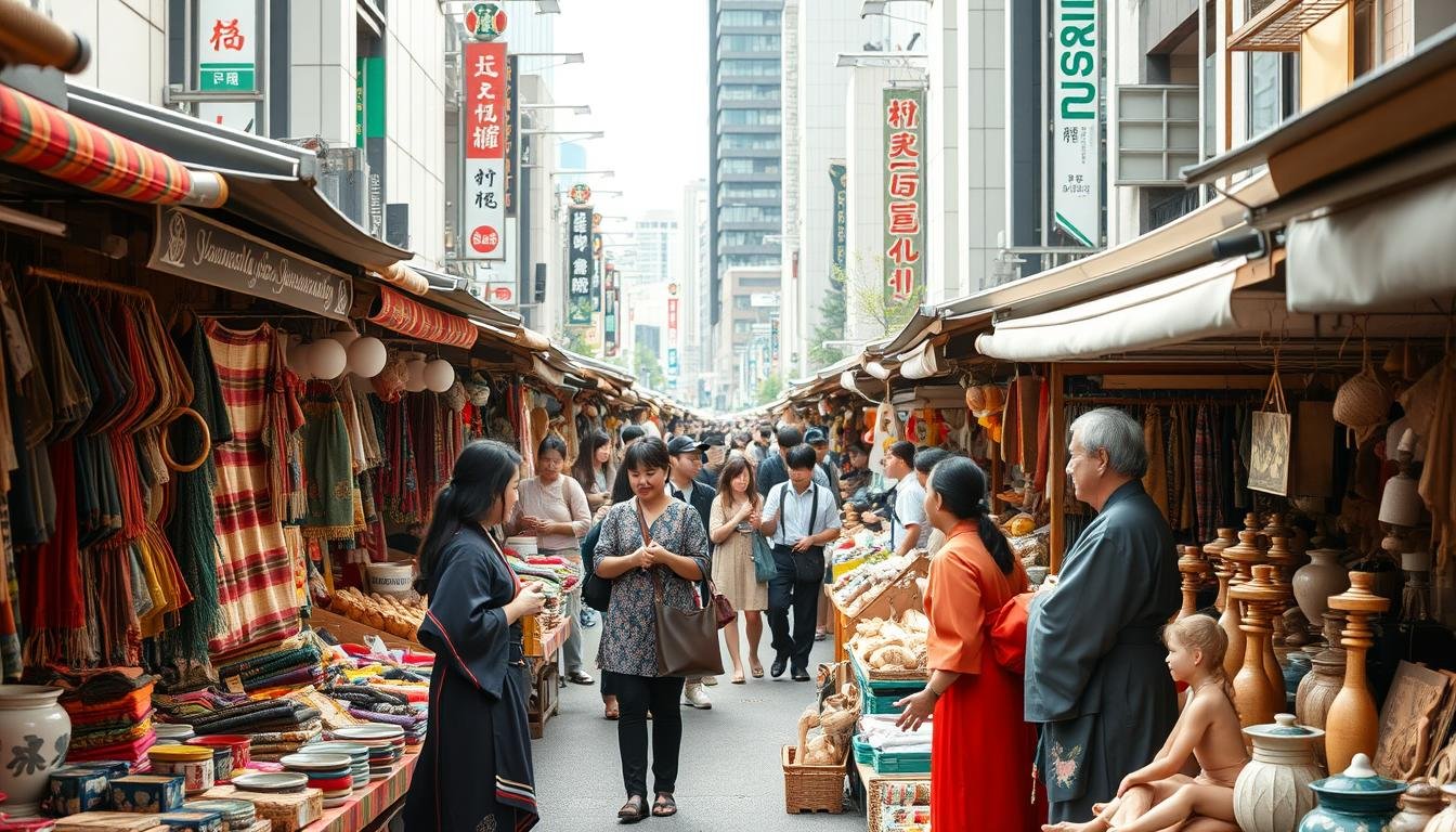 A bustling outdoor market in Tokyo, with rows of vibrant handmade crafts and artisanal goods. In the foreground, a variety of handwoven fabrics, intricate pottery, and delicate wooden sculptures line the stalls. Vendors in traditional clothing greet visitors with warm smiles. In the middle ground, visitors browse the diverse selection, engrossed in conversation and examining the high-quality, one-of-a-kind items. The background is filled with the iconic architecture of Tokyo, blending modern and traditional elements. Soft, natural lighting illuminates the scene, creating a cozy and inviting atmosphere. The overall impression is one of a celebration of Japanese craftsmanship and creativity, where the unique and the handmade are cherished. A bustling outdoor market in Tokyo, with rows of vibrant handmade crafts and artisanal goods. In the foreground, a variety of handwoven fabrics, intricate pottery, and delicate wooden sculptures line the stalls. Vendors in traditional clothing greet visitors with warm smiles. In the middle ground, visitors browse the diverse selection, engrossed in conversation and examining the high-quality, one-of-a-kind items. The background is filled with the iconic architecture of Tokyo, blending modern and traditional elements. Soft, natural lighting illuminates the scene, creating a cozy and inviting atmosphere. The overall impression is one of a celebration of Japanese craftsmanship and creativity, where the unique and the handmade are cherished.