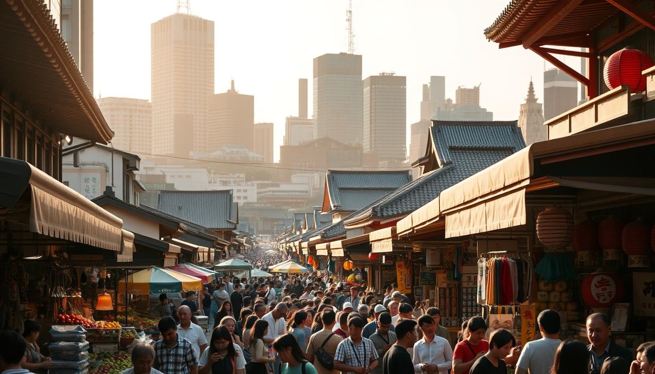 A bustling outdoor market scene in Tokyo, Japan. In the foreground, a lively crowd of shoppers navigates through stalls offering an array of fresh produce, street food, and traditional crafts. The middle ground features narrow aisles lined with colorful vendor tents and umbrellas, creating a vibrant and chaotic atmosphere. In the background, a blend of modern and historic architecture provides a scenic backdrop, with the silhouettes of towering skyscrapers juxtaposed against the tiled roofs of ancient temples. Warm, golden sunlight filters through the canopy, casting a soft glow over the entire scene. The overall mood is one of energetic activity, cultural richness, and the unique energy of a quintessential Japanese marketplace.
