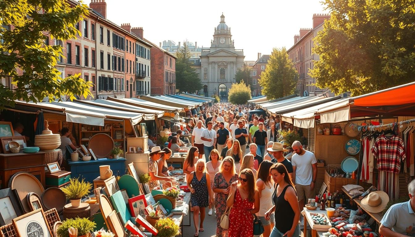 A bustling outdoor market, vibrant with the energy of artisanal creators and vintage enthusiasts. In the foreground, rows of unique, handcrafted stalls showcase a diverse array of one-of-a-kind items - from repurposed furniture and upcycled fashion to handmade ceramics and artisanal street food. The middle ground is filled with a lively crowd, casually browsing the eclectic wares, their expressions animated with a sense of discovery. In the background, a backdrop of historic buildings and lush greenery sets the scene, creating a charming, nostalgic atmosphere. Warm, golden sunlight filters through, casting a soft, inviting glow over the entire scene. A creative, colorful, and carefully curated "special theme market" that celebrates the unique spirit of the local community. A bustling outdoor market, vibrant with the energy of artisanal creators and vintage enthusiasts. In the foreground, rows of unique, handcrafted stalls showcase a diverse array of one-of-a-kind items - from repurposed furniture and upcycled fashion to handmade ceramics and artisanal street food. The middle ground is filled with a lively crowd, casually browsing the eclectic wares, their expressions animated with a sense of discovery. In the background, a backdrop of historic buildings and lush greenery sets the scene, creating a charming, nostalgic atmosphere. Warm, golden sunlight filters through, casting a soft, inviting glow over the entire scene. A creative, colorful, and carefully curated "special theme market" that celebrates the unique spirit of the local community.