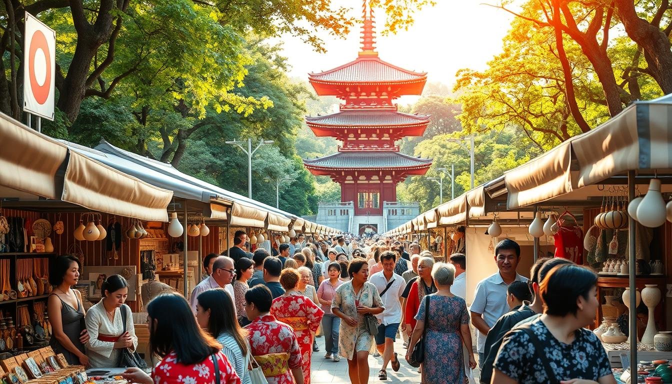 A bustling outdoor marketplace in Tokyo, where a vibrant "HandMade In Japan Fes" is in full swing. Rows of artisanal stalls showcasing intricate handcrafted wares - delicate origami, colorful kimonos, ceramic pottery, and more. Crowds of curious onlookers stroll through the lively atmosphere, chatting with the passionate makers. In the middle distance, a traditional wooden pagoda stands tall, casting a warm glow over the scene. Sunlight filters through the trees, creating a soft, diffused lighting that highlights the textures and vibrant hues of the handmade goods. An immersive, celebration of Japanese craftsmanship and creativity. A bustling outdoor marketplace in Tokyo, where a vibrant "HandMade In Japan Fes" is in full swing. Rows of artisanal stalls showcasing intricate handcrafted wares - delicate origami, colorful kimonos, ceramic pottery, and more. Crowds of curious onlookers stroll through the lively atmosphere, chatting with the passionate makers. In the middle distance, a traditional wooden pagoda stands tall, casting a warm glow over the scene. Sunlight filters through the trees, creating a soft, diffused lighting that highlights the textures and vibrant hues of the handmade goods. An immersive, celebration of Japanese craftsmanship and creativity.