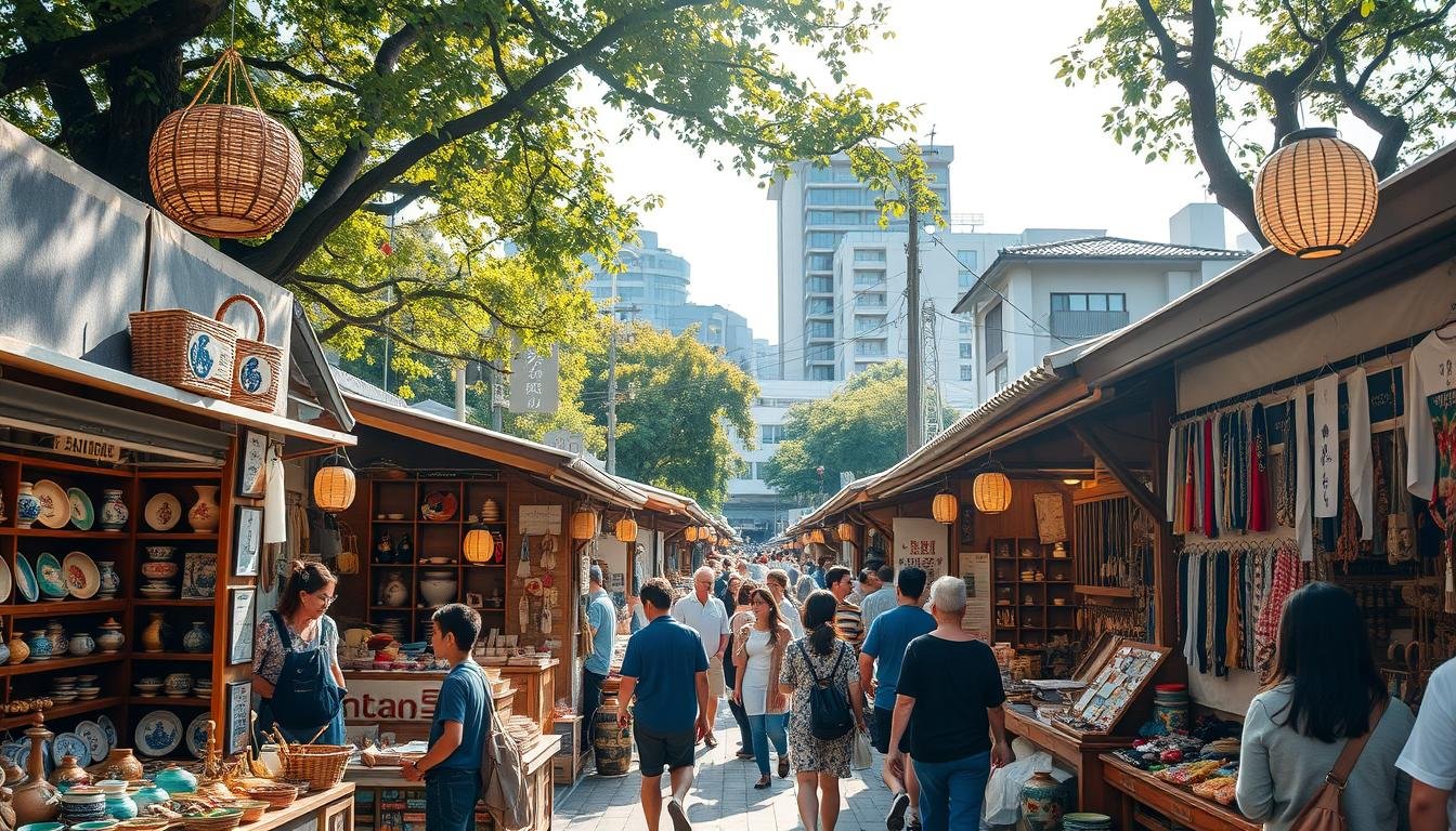 A bustling outdoor marketplace with artisanal stalls offering an array of handcrafted treasures. Wooden vendor booths display a vibrant assortment of colorful ceramics, intricate woodwork, delicate textiles, and artisanal jewelry. Woven baskets, handpainted signage, and delicate paper lanterns create a warm, inviting atmosphere. Sunlight filters through the tree canopy, casting a soft, golden glow over the scene. In the background, a blend of traditional and modern architecture frames the lively market. Crowds of people browse the diverse selection of unique, one-of-a-kind goods, immersed in the authentic spirit of Japanese craftsmanship and local culture. A bustling outdoor marketplace with artisanal stalls offering an array of handcrafted treasures. Wooden vendor booths display a vibrant assortment of colorful ceramics, intricate woodwork, delicate textiles, and artisanal jewelry. Woven baskets, handpainted signage, and delicate paper lanterns create a warm, inviting atmosphere. Sunlight filters through the tree canopy, casting a soft, golden glow over the scene. In the background, a blend of traditional and modern architecture frames the lively market. Crowds of people browse the diverse selection of unique, one-of-a-kind goods, immersed in the authentic spirit of Japanese craftsmanship and local culture.
