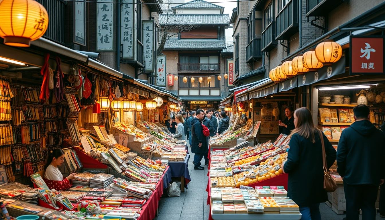 A bustling outdoor seasonal market in Tokyo, with vibrant stalls selling an array of traditional Japanese crafts, artisanal foods, and locally sourced produce. The foreground is filled with colorful display tables overflowing with handmade goods, while in the middle ground, customers browse the offerings under the warm glow of lanterns and string lights. The background features the iconic architecture of old Tokyo, with wooden buildings and narrow alleys creating a charming, historic atmosphere. The overall scene conveys a sense of cultural celebration, community, and the changing of the seasons, perfectly capturing the essence of a traditional Japanese seasonal market.