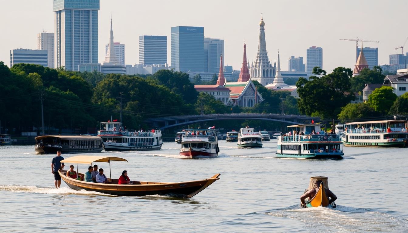 A bustling river scene along the Chao Phraya River in Bangkok, Thailand. In the foreground, a traditional long-tail boat gracefully glides across the placid waters, its wooden hull and vibrant engine creating a rhythmic symphony. Passengers sit comfortably, taking in the sights of the towering skyscrapers and historic temples that line the riverbanks. In the middle ground, a fleet of riverboats and ferries transports commuters and tourists, weaving through the waterways with practiced ease. The background is a tapestry of lush greenery, punctuated by the iconic spires and rooftops of Bangkok's architectural landmarks, bathed in the warm glow of the tropical sun. The scene exudes a sense of timeless tranquility, offering a peaceful respite from the bustling city streets.