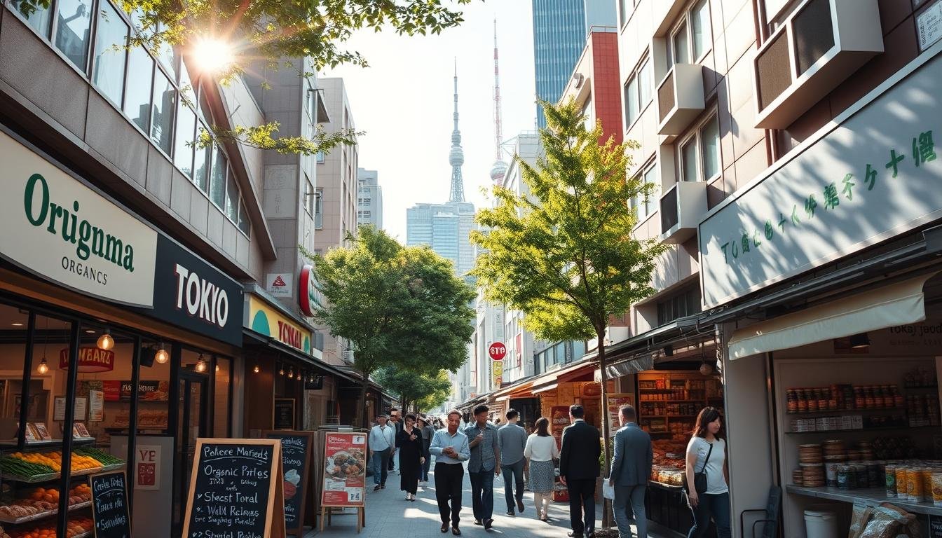 A bustling street in Tokyo's vibrant Aoyama neighborhood, lined with charming organic food shops. Sunlight filters through the trees, casting a warm glow on the storefronts. In the foreground, a series of chalkboard signs display ratings and reviews for the local organic markets, each competing to showcase their sustainable, high-quality offerings. The middle ground features well-dressed patrons browsing the displays of fresh produce, artisanal baked goods, and health-conscious packaged foods. In the background, modern high-rises and the iconic Tokyo Tower create a dynamic cityscape backdrop. The overall scene exudes an atmosphere of health-conscious consumerism, environmental awareness, and the vibrant energy of the city. A bustling street in Tokyo's vibrant Aoyama neighborhood, lined with charming organic food shops. Sunlight filters through the trees, casting a warm glow on the storefronts. In the foreground, a series of chalkboard signs display ratings and reviews for the local organic markets, each competing to showcase their sustainable, high-quality offerings. The middle ground features well-dressed patrons browsing the displays of fresh produce, artisanal baked goods, and health-conscious packaged foods. In the background, modern high-rises and the iconic Tokyo Tower create a dynamic cityscape backdrop. The overall scene exudes an atmosphere of health-conscious consumerism, environmental awareness, and the vibrant energy of the city.