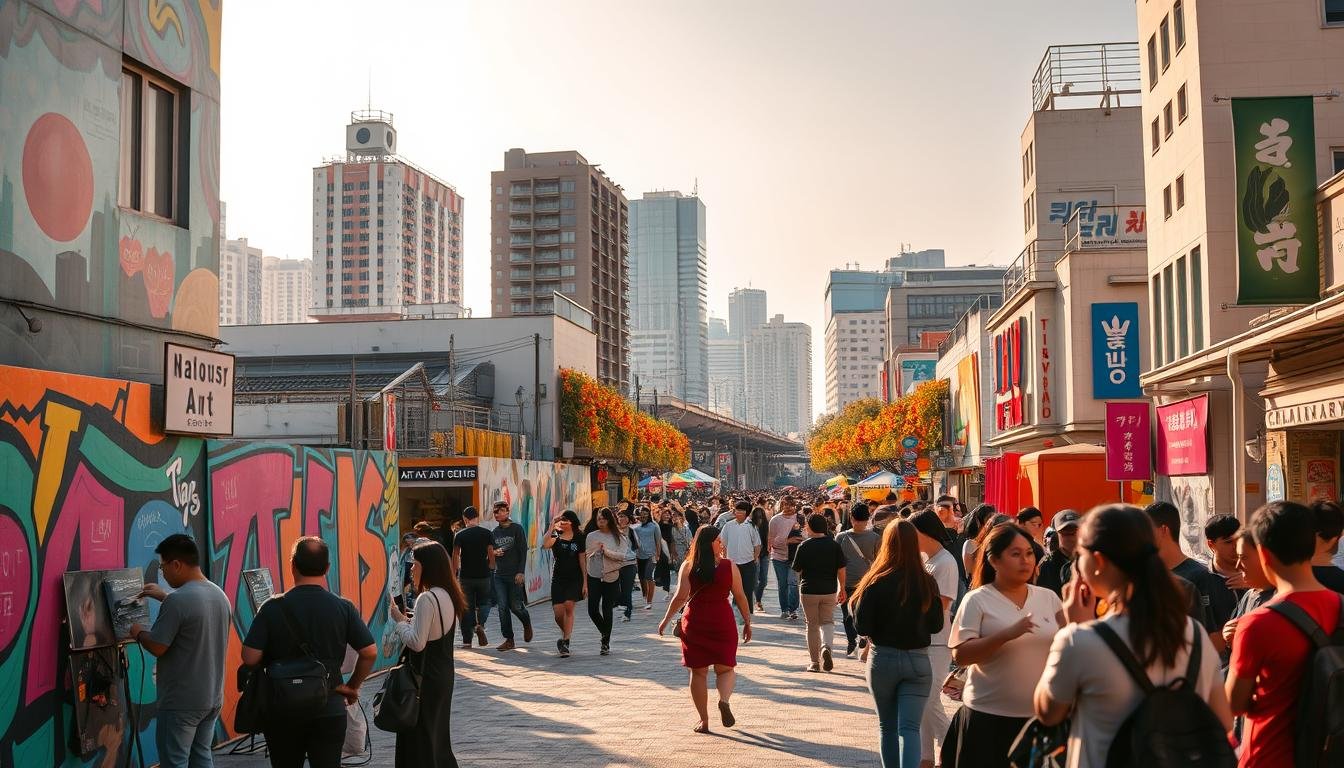 A bustling street in the heart of Seoul, South Korea, plays host to the vibrant Seoul Art Festival. Vibrant murals and installations adorn the walls, their bold colors and dynamic compositions captivating passersby. In the foreground, a group of local artists collaborate on a large-scale mural, their brushstrokes bringing the city's energy to life. The middle ground showcases a variety of performance artists, from dancers to street musicians, entertaining the crowds that have gathered to experience the festival's creative spirit. In the background, the distinctive architecture of Seoul's urban landscape provides a striking backdrop, with modern high-rises and historic structures coexisting in harmony. The scene is bathed in warm, golden sunlight, lending a sense of vibrancy and celebration to the entire setting. A bustling street in the heart of Seoul, South Korea, plays host to the vibrant Seoul Art Festival. Vibrant murals and installations adorn the walls, their bold colors and dynamic compositions captivating passersby. In the foreground, a group of local artists collaborate on a large-scale mural, their brushstrokes bringing the city's energy to life. The middle ground showcases a variety of performance artists, from dancers to street musicians, entertaining the crowds that have gathered to experience the festival's creative spirit. In the background, the distinctive architecture of Seoul's urban landscape provides a striking backdrop, with modern high-rises and historic structures coexisting in harmony. The scene is bathed in warm, golden sunlight, lending a sense of vibrancy and celebration to the entire setting.