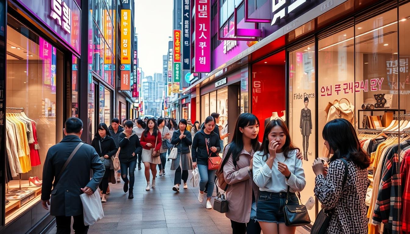 A bustling street in the heart of Seoul, lined with sleek boutiques and vibrant neon signs. Fashionable shoppers stroll past window displays showcasing the latest Korean fashion and beauty trends. Vibrant colors and patterns fill the scene, reflecting the energy and style of the city. Soft, warm lighting bathes the scene, creating an inviting and alluring atmosphere. In the foreground, a group of young people excitedly examine items in a trendy accessory store, while in the background, high-end department stores and specialty shops beckon. The overall impression is one of a dynamic, fashionable shopping experience that captures the essence of Seoul's thriving retail landscape. A bustling street in the heart of Seoul, lined with sleek boutiques and vibrant neon signs. Fashionable shoppers stroll past window displays showcasing the latest Korean fashion and beauty trends. Vibrant colors and patterns fill the scene, reflecting the energy and style of the city. Soft, warm lighting bathes the scene, creating an inviting and alluring atmosphere. In the foreground, a group of young people excitedly examine items in a trendy accessory store, while in the background, high-end department stores and specialty shops beckon. The overall impression is one of a dynamic, fashionable shopping experience that captures the essence of Seoul's thriving retail landscape.