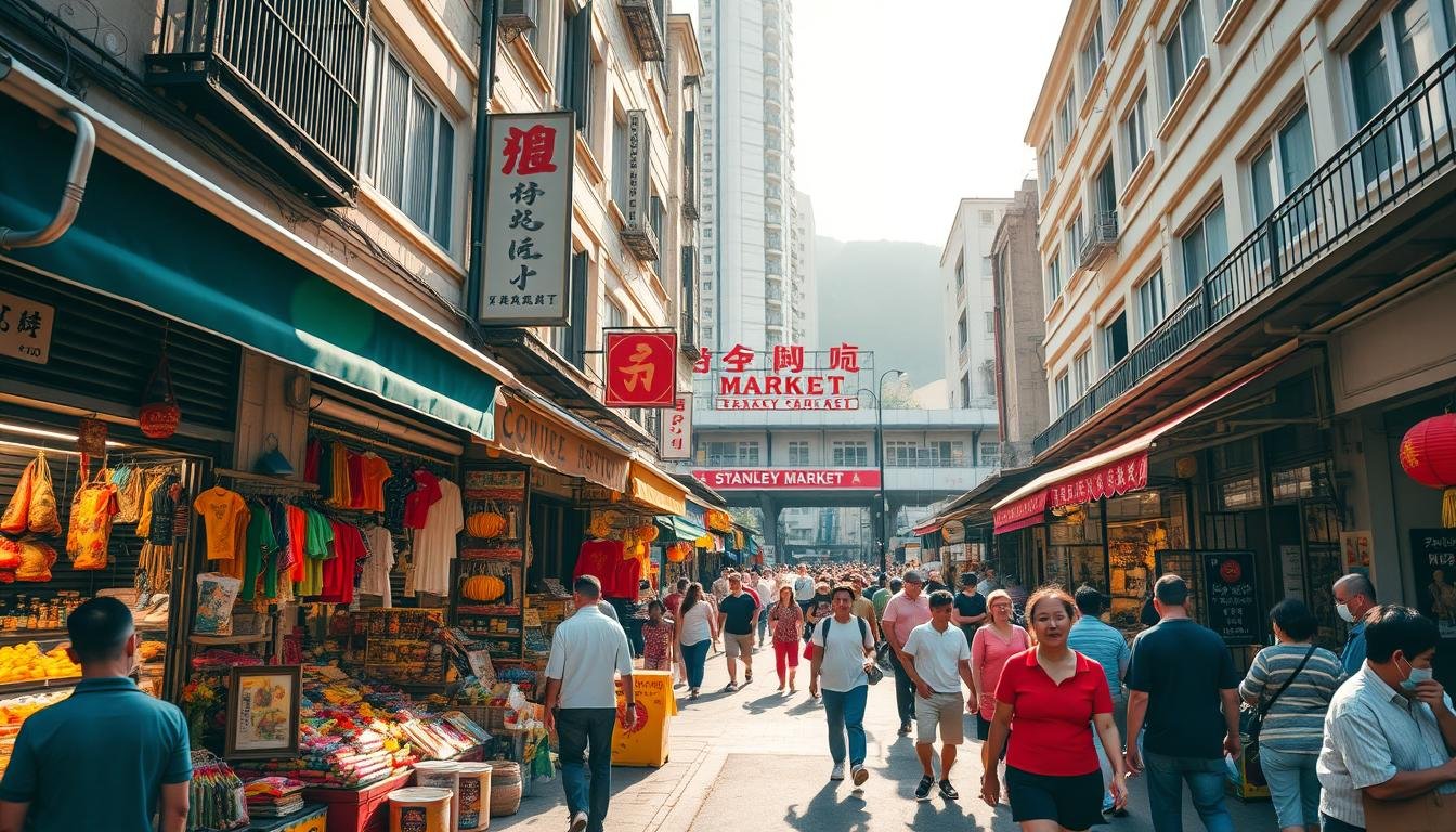 A bustling street market in the historic district of Stanley, Hong Kong, captured with a wide-angle lens. Vibrant stalls line the sidewalks, offering an array of local handicrafts, street food, and traditional Chinese wares. The sun casts a warm, golden glow, illuminating the colorful facades and bustling crowds. In the background, the iconic Stanley Market and nearby colonial-era buildings stand as a testament to the area's rich heritage. The overall atmosphere is one of lively activity, blending the old and the new, inviting visitors to immerse themselves in the unique charm of this historic coastal community. A bustling street market in the historic district of Stanley, Hong Kong, captured with a wide-angle lens. Vibrant stalls line the sidewalks, offering an array of local handicrafts, street food, and traditional Chinese wares. The sun casts a warm, golden glow, illuminating the colorful facades and bustling crowds. In the background, the iconic Stanley Market and nearby colonial-era buildings stand as a testament to the area's rich heritage. The overall atmosphere is one of lively activity, blending the old and the new, inviting visitors to immerse themselves in the unique charm of this historic coastal community.