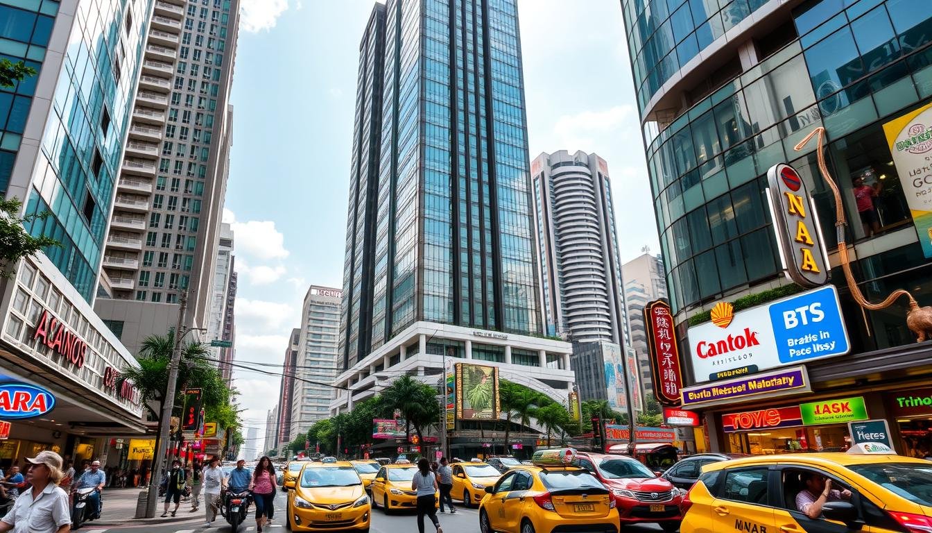 A bustling street scene in Asok, Bangkok, capturing the essence of the lively Nana neighborhood. Towering high-rise hotels and apartment buildings frame the view, their modern glass and steel facades gleaming in the warm tropical sunlight. Pedestrians navigate the bustling sidewalks, weaving between tuk-tuks, taxis, and the occasional BTS skytrain rumbling overhead. Vibrant neon signs and advertisements beckon passersby, hinting at the diverse nightlife and entertainment options nearby. The scene exudes an energetic, cosmopolitan atmosphere, reflecting the area's reputation as a convenient transportation hub and thriving social center.