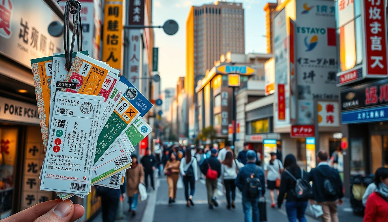 A bustling street scene in downtown Tokyo, with a vibrant array of transportation tickets and passes displayed prominently in the foreground. The tickets feature intricate designs and colorful patterns, capturing the essence of the city's efficient and well-organized public transit system. In the middle ground, pedestrians navigate the lively sidewalks, some carrying shopping bags or luggage, while in the background, a blend of modern high-rises and historic architecture creates a dynamic urban landscape, bathed in warm, golden-hour lighting. The overall atmosphere conveys the convenience and excitement of exploring Tokyo's hidden gems using the city's comprehensive transportation network. A bustling street scene in downtown Tokyo, with a vibrant array of transportation tickets and passes displayed prominently in the foreground. The tickets feature intricate designs and colorful patterns, capturing the essence of the city's efficient and well-organized public transit system. In the middle ground, pedestrians navigate the lively sidewalks, some carrying shopping bags or luggage, while in the background, a blend of modern high-rises and historic architecture creates a dynamic urban landscape, bathed in warm, golden-hour lighting. The overall atmosphere conveys the convenience and excitement of exploring Tokyo's hidden gems using the city's comprehensive transportation network.