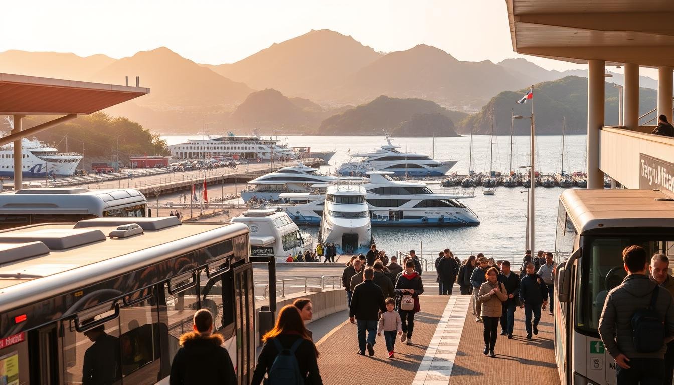 A bustling transportation hub on Jeju Island, showcasing a variety of travel options. In the foreground, a modern bus terminal with clean lines and dynamic movement, passengers boarding efficient public transport. In the middle ground, a seaside port with ferries and pleasure boats docked, ready to whisk travelers to nearby islands. The background frames a scenic coastal landscape, with rugged volcanic peaks and lush greenery. Warm, diffused sunlight bathes the scene, creating a sense of tranquility amidst the vibrant activity. The overall composition conveys the ease and versatility of navigating Jeju Island, an ideal destination for both local commuters and adventurous tourists. A bustling transportation hub on Jeju Island, showcasing a variety of travel options. In the foreground, a modern bus terminal with clean lines and dynamic movement, passengers boarding efficient public transport. In the middle ground, a seaside port with ferries and pleasure boats docked, ready to whisk travelers to nearby islands. The background frames a scenic coastal landscape, with rugged volcanic peaks and lush greenery. Warm, diffused sunlight bathes the scene, creating a sense of tranquility amidst the vibrant activity. The overall composition conveys the ease and versatility of navigating Jeju Island, an ideal destination for both local commuters and adventurous tourists.